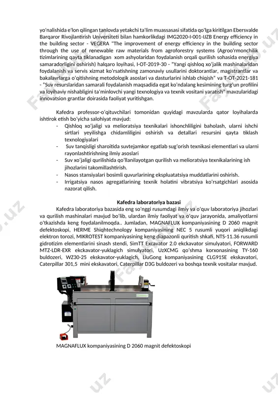 ikkita 5650300 – “suv xo‘jaligi va melioratsiya ishlarini mexanizatsiyalash” va 5650500 – “suv xo‘jaligida meliorativ, transport mashinalari va qurilmalaridan foydalanish, ularga servis xizmati ko‘rsatish” bakalvr ta’lim yo‘nalishlari ochildi va ularning negizida ikkita 5a650301 – “gidromeliorativ ishlarini mexanizatsiyalash” va 5a650506 “yonilg‘i-moylash materiallarini saqlash va tashish, quyish vositalarini ta’mirlash va ulardan foydalanish” magistratura mutaxasisiliklari ochildi. magistratura mutaxassisliklariga va bakalavr ta’lim yo‘nalishlariga kafedraning yetuk professor va o‘qituvchilari tomonidan davlat ta’lim standarti, o‘kuv rejalari va fan dasturlari ishlab chiqildi. 2009 yildan boshlab 5650900 –“irrigatsiya, melioratsiya mashinalari jihozlari” bakalavr ta’lim yo‘nalishi bo‘yicha mutaxassislar chiqarish yo‘lga qo‘yildi. kafedrada q.a.sharipov (2007 yil), r.q. musurmonov (2009 yil), b.s.mirzayevlar (2015 yil), a.k igamberdiyev (2017 yil), a.s. li (2019 yil) doktorlik dissertatsiyasini, b.x.norov (2011 yil) nomzodlik dissertatsiyasini, b.b.xakimov, f.a.bekchanov va sh.x.mardonovlar (2019 yil) , l.q.babajanov (2020 yil) , a.u.atajanov (2021 yil) texnika fanlari bo‘yicha falsafa doktori (phd) dissertatsiyasini ixtisoslashgan kengashda himoya qildilar. hozirgi kunda kafedrada quyidagi professor-o‘qituvchilar faoliyat yuritmoqdalar: professorlar …