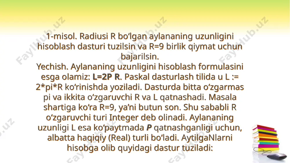 bu dasturda takrorlash parametri i ning boshlang‘ich qiymati 1 ga, oxirgi qiymati 20 ga tengdir. takrorlash tanasi bitta — writeln ('o‘zbekiston — vatanim manim!') operatoridan iborat. dastur bajarilganda takrorlash parametri navbat bilan 1, 2, 3,..., 20 qiymatlar­ni qabul qiladi va har safar writeln ('o‘zbekiston — vatanim manim!'); operatori bajariladi. natijada ekranga «o‘zbekiston — vatanim manim!» matni 20 marta yangi satrdan chiqariladi. dasturda takrorlash parametrining boshlang‘ich qiymatini 41 va oxirgi qiymatini 60 ga o‘zgartirilsa ham natija shunday bo‘ladi, chunki takrorlanishlar soni 60-41+1=20 ta image1.jpeg