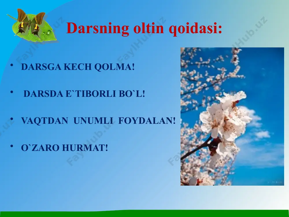 hidi nektari o`simlikning gullash vaqti shamol va hasharotlar yordamida changlanadigan o`simlik gullarining tuzilishini taqqoslang. gul qismlari va xususiyatlari shamol yordamida changlanadigan gul hasharotlar yordamida changlanadigan gul gultojibarglari rangsiz, ko`rimsiz. rangli changchi va urug`chi ochiq holatda joylashgan gul ichida joylashgan chang donachasi quruq va ko`p miqdorda yopishqoq, yirik, oz miq dor da hidi yo`q bor nektari yo`q bor o`simlikning gullash vaqti barg chiqarguncha barg yozilguncha va undan so`ng o’quvchilarni baholash: yakka tartibda baholash. vi. uyga vazifa : 32-§ ni o’qib o’rganish.71-73-rasmlar, mavzuga oid 10 ta test tuzish. foydalanilgan adabiyotlar: 1. o’.pratov, a.s. to’xtaev, f.o’. azimova, i. z. saparboyev, m.t. umaralieva. 6-sinf darsligi. 2. http://www.ziyonet.uz image10.jpeg audio1.wav image11.png image12.png image13.jpeg image9.png image1.png image2.png image3.png image4.png image5.png image6.png image7.png image8.png image14.jpeg image15.jpeg image16.jpeg image17.png image18.png image19.jpeg image20.png image21.png image22.png image23.png image24.png image25.png image26.jpeg image27.jpeg image28.jpeg image29.jpeg image30.png