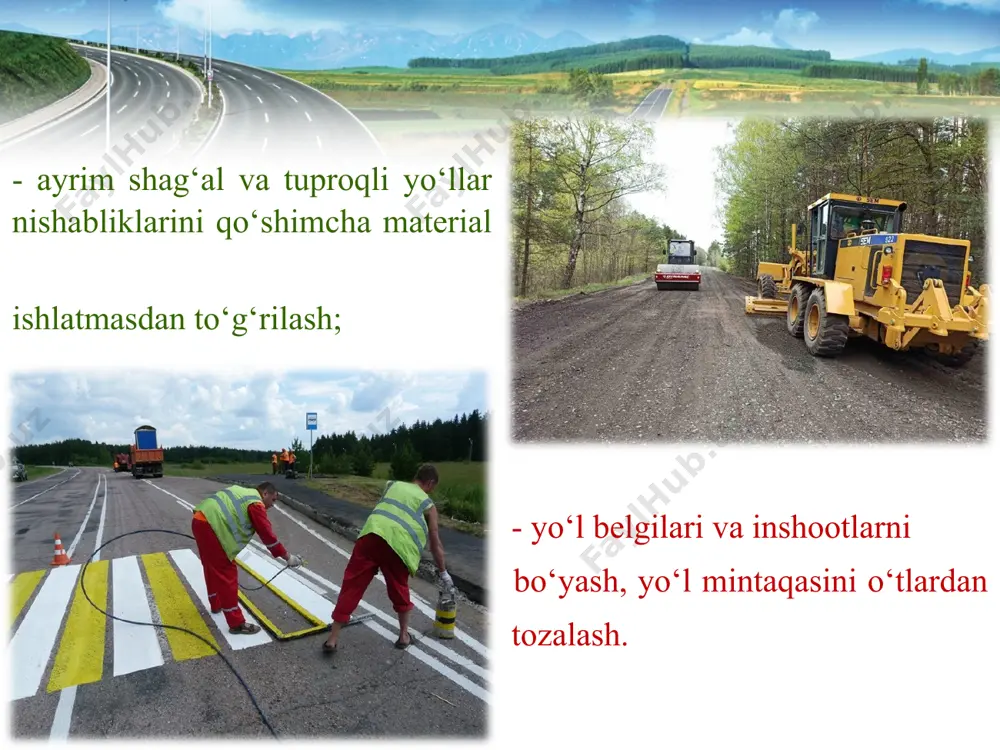 ta’minlamaydi, aksincha ortiqcha miqdordagi bitum gildirak izlarini (koleya) vujudga kelishiga imkoniyat yaratadi. shuning uchun yangi usullardan foydalanishni talab etadi. yo‘l qoplamalarining xizmat ko‘rsatish muddatlari va mustahkamligini oshirish ularning nafaqat mustahkamligini, balki dastlabki sifat ko‘rsatkichlarini qaytadan tiklash imkoniyatini beruvchi usul asfaltbeton qoplamalarni regeneratsiya qilishdir. regeneratsiya (qayta tiklash) deyilib, foydalanishda bo‘lgan yo‘l to‘shamasini qayta ishlab eski materiallardan foydalangan holda qoplamaning texnik-foydalanish ko‘rsatkichlarini oshirishning imkoniyatlarini beradi. yo‘l qoplamalarining xizmat ko‘rsatish muddatlari va mustahkamligini oshirish ularning nafaqat mustahkamligini, balki dastlabki sifat ko‘rsatkichlarini qaytadan tiklash imkoniyatini beruvchi usul asfaltbeton qoplamalarni regeneratsiya qilishdir. regeneratsiya (qayta tiklash) deyilib, foydalanishda bo‘lgan yo‘l to‘shamasini qayta ishlab eski materiallardan foydalangan holda qoplamaning texnik-foydalanish ko‘rsatkichlarini oshirishning imkoniyatlarini beradi. sovuq asfaltobetonni qayta tiklash texnologiyasi sovuq holatda qayta tiklash texnologiyasi - yo‘l qoplamasini asosning ma’lum bir qatlami bilan 15-40 sm. chuqurlikda kesib olinadi, zarur hollarda bog‘lovchi va mineral tuldiruvchilar bilan aralashtirilib tekis bir qalinlikda yotqiziladi va ma’lum bir og‘irlikdagi katoklar yordamida zichlanadi. yo‘l …