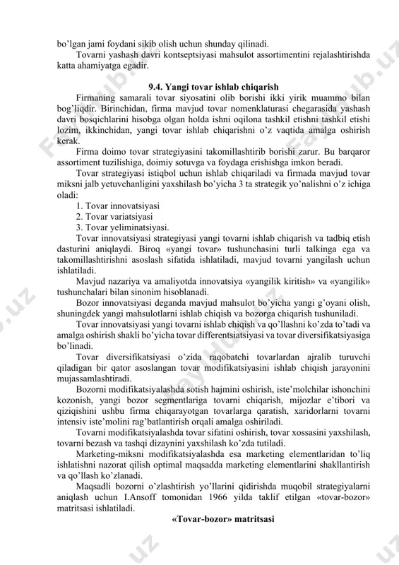 davri bosqichlarini aniqlashning asosiy mezoni mahsulot sotish hajmi va foyda normasi dinamikasidir. mahsulot ishlab chiqarish (ittki) bosqichi tovarni barcha hayotiy davrida muhim bosqich bo’lib hisoblanadi. mahsulot ishlab chiqarish qancha samarali amalga oshirilsa, ya’ni loyihalashtirilayotgan tovar bo’yicha bozor talabi va xaridor ehtiyojini firma vaqt bo’yicha tezroq hisobga olsa, ushbu bosqichda xarajatlar shuncha kam bo’ladi. firma yangi tovar bilan bozorga tezroq chiqadi va zarur foydani oladi. kirib kelish bosqichida sotish hajmining g’oyat keskin o’sishi bilan ajralib turadi. bozor mahsulotni hali qabul qilmagan narxlar nisbatan yuqori bo’ladi. savdo yuqori daromadli guruhlarga mo’ljallanadi. raqobatchilar umuman oz. shunday qilib bu davr kapital sarflar davri hisoblanadi, sarflar keyinchalik foyda keltirishi mumkin, yoki mahsulot ishlab chiqarishdan voz kechiladigan bo’lsa, ular to’liq xarajatlar hisobiga o’tkaziladi, ya’ni hisobdan uchiriladi. o’sish davrida tovar sotish hajmi usib boradi- iste’molchilar mahsulotni qabul qilgan va unga bo’lgan talab ta’minlangan bo’ladi. har qanday mahsulot bu bosqichga yetib kelmaydi: ko’plari bozorga kirib kelish davridaek kasodga …