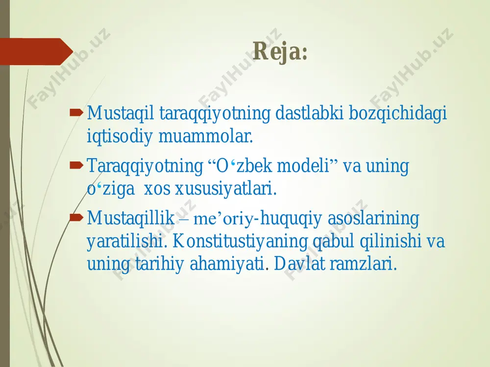 yo‘l o‘zbekiston xalqining munosib turmushini, uning huquqlari va erkinliklarini kafolatlashi, milliy an’analari va madaniyatining qayta tiklanishi, insonni shaxs sifatida ma’naviy axloqiy kamol topishini ta’minlashi mumkin», dedi. o‘zbekistonda yangi davlat va jamiyat qurishning besh tamoyili beshinchi – islohotlarni bosqichma-bosqich amalga oshirish to‘rtinchi – kuchli ijtimoiy siyosatni amalga oshirish, davlatning aholini ijtimoiy nochor qatlam va guruhlarini qo‘llab-quvvatlash borasida mas’ul bo‘lishi uchinchi – qonun ustuvorligi yoki barcha fuqarolarning qonun oldida tengligi ikkinchi – davlatning o‘zi eski tuzumdan yangi tuzumga o‘tish davrida bosh islohotchi bo‘lishi, ya’ni uning mamlakatni davlatchilik, ijtimoiy va iqtisodiy sohalarda yangilashga qaratilgan islohotlarning tashabbuskori bo‘lish vazifasini o‘z zimmasiga olishi birinchi – iqtisodiyotning mafkuradan xoliligi va uning siyosatdan ustunligi. boshqacha aytganda, avval iqtisod, keyin siyosat o‘zbekiston iqtisodiyotiga ham zarar etkazgan edi. 80-yillarga kelib o‘zbekiston asosiy ijtimoiy- iqtisodiy korsatkichlar boyicha ittifoqda oxirgi orinlardan birini egallar edi. o‘zbekiston iqtisodiyoti bir tomonlama rivojlanib borgan. u asosan sssrning xom ashyo bazasiga aylangandi.  paxta etishtirishning salmog'i, …