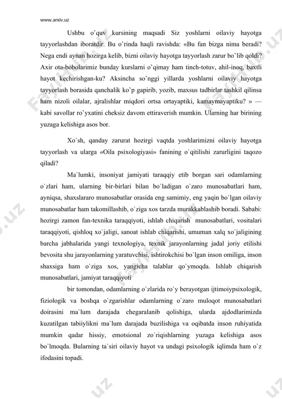 oqibatda inson ruhiyatida mumkin qadar hissiy, emotsional zo`riqishlarning yuzaga kelishiga asos bo`lmoqda. bularning ta`siri oilaviy hayot va undagi psixologik iqlimda ham o`z ifodasini topadi. yоshlarimizda bu masala bo`yicha aniqroq tasavvur hosil qilish uchun, bundan 90—100 yillar oldingi ularning tendoshlari va bugungi kunlarimizdagi 15—16 yoshli yigit-qizlar o`rtasidagi tafovutlarni solishtirib o`tamiz. maxsus adabiyotlarda yozilishi va o`tkazilgan tadqiqotlar natijalarida kuzatilishicha, so`nggi 100 yil ichida odamlarda kuzatiladigan akseleratsiya jarayoniga ko`ra ularning jinsiy, fiziologik balog`atga yetishi 2—3 yilga ilgarilab ketgan. bundan 100 yilcha oldin yoshlarning jins iy balog`atga yetish davri 15—16 yoshga to`g`ri kelgan, hozir esa bu holat o`rtacha 12—13 yoshlarga to`g`ri keladi. endi shu yoshlarning oilaviy hayotga tayyorlik jihatlarini ko`rib chiqamiz. ilgarigi tengdoshlaringiz 15—16 yoshlarida oilaviy hayotga yetuklik talablaridan biri bo`lmish jinsiy yetuklikka, balog`atga yetar ekanlar, ular aksariyat hollarda shu yoshga kelib o`sha davrlar uchun xos va lozim bo`lgan, unchalik murakkab bo`lmagan dehqonchilik, chorvachilik, hunarmandchilik sir-asrorlaridan deyarli boxabar bo`lganlar (chunki u vaqtlarda bolalarni odatda, …