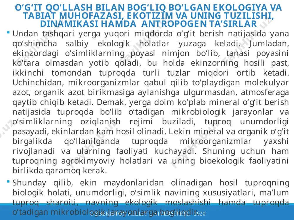 nizmlar 7 marta kamayib, zamburug‘lar soni 2 marta ortgan. o'zbekiston milliy universiteti, 2022 o‘g‘it qo‘llash bilan bog‘liq bo‘lgan ekologiya va tabiat muhofazasi, ekotizim va uning tuzilishi, dinamikasi hamda antropogen ta’sirlar markaziy qora tuproq mintaqasi yerlariga g‘alla va lavlagi almashtirib ekish jarayonida gektariga mineral o‘g‘it 150 kg dan (azot 45, fosfor 60, kaliy 45 ) 450 kg gacha (azot 135 kg, fosfor 180, kaliy 135 kg) ishlatilgan. buning natijasida tuproqda mikroorganizmlarning umumiy miqdori ortgan. tuproqning ekologik holati yaxshilangan. ko‘p miqdordagi mineral va organik o‘g‘itlar birgalikda yoki alohida-alohida qo‘llanilganda ham kam foyda bergan, hosil kam, uning ustiga kartoshkaning sifati past, tarkibida protein va azotning nitrat formasi ko‘p, kraxmalning miqdori kam bo‘lgan. natijada kartoshkaning zarrachaligi pasayib, u tezda qorayib qoladigan va ta’mi, mazaliligi yomonlashgan (mineev, rempe, 1990). o'zbekiston milliy universiteti, 2020 o‘g‘it qo‘llash bilan bog‘liq bo‘lgan ekologiya va tabiat muhofazasi, ekotizim va uning tuzilishi, dinamikasi hamda antropogen ta’sirlar arpa ekilgan yerlarga organik-mineral o‘g‘it …