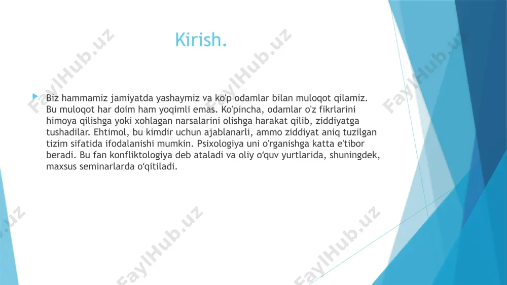 ar va ijtimoiy konfliktlar haqidagi fikrlarini borliqning tabiatiga bo’lgan qarashlarning umumiy tizimi bilan bog’lashga harakat qilgan. uning fikricha, «koinotda hukm suruvchi yagona umumiy qonun - bu urushdir, u hamma narsaning otasi va shohidir. u kimlarnidir xudolar va kimlarnidir insonlar qilib yaratadi, insonlarining ba’zilarini qul, boshqalarini erkin qilib belgilaydi. hamma narsa, shu jumladan inson muloqoti normalari ham abadiy aylanma harakat va bir-biriga aylanish ta’sirida bo’ladi. dunyoda barcha narsa adovat va nifoq orqali tug’iladi»1. geraklitning bu so’zlari ijtimoiy taraqqiyot jarayonida kurashning ijobiy rolini to’g’ri asoslashga bo’lgan dastlabki urinishlardan biri ekanligini ko’rsatadi. konfliktlar o’zining yangi xususiyati bilan ijtimoiy hayotning muhim atributi, ijtimoiy taraqqiyotning eng muhim va zarur sharti sifatida namoyon bo’ladi. geraklitning konfliktlar va kurash barcha narsaning asosi sifatida hisoblanishi haqidagi g’oyalari boshqa qadimgi faylasuf-materialist - epikur (er.av. 341-270 y.y.) tomonidan rivojlantirildi, ayni paytda u to’qnashuvlarning salbiy oqibatlari qachonlardir insonlarni doimiy tinch-totuv sharoitda yashashga majbur qiladi deb hisoblagan. shunday qilib, jamiyatning konfliktsiz holatda …