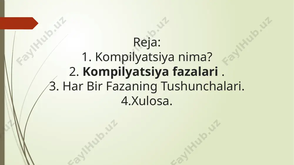 kodini mashina kodiga aylantirish uchun ishlatiladi. yig'ilgan kod kompyuterda ishlashga tayyor bo'ladi. masalan: assembler kodini mashina tiliga o'zgartirish. ma'lumot: kodni yig'ish — assembler kodini mashina tiliga aylantirish. xulosa har bir faza o‘ziga xos funksiyaga ega bo‘lib, kompilyator ishining samaradorligi, aniqligi va ishonchliligini ta’minlashda muhim rol o‘ynaydi. birinchi navbatda, leksik analiz fazasida dastur kodidagi belgilar ketma-ketligi ma’no anglatuvchi birliklar — leksik birliklarga (token) ajratiladi. bu bosqichda noto‘g‘ri yozilgan belgilar aniqlanadi va dasturchiga tegishli xatoliklar haqida xabar beriladi. keyingi bosqich — sintaktik analiz bo‘lib, bu fazada aniqlangan leksik birliklar asosida kodning grammatik tuzilmasi tekshiriladi. bunda kodning til grammatikasiga mos kelishi ta’minlanadi. xatolik mavjud bo‘lsa, kompilyator ularni aniqlab, dasturchini ogohlantiradi. shundan so‘ng, semantik analiz fazasi bajariladi. bu bosqichda kodning mantiqiy mazmuni tahlil qilinadi. masalan, o‘zgaruvchining e’lon qilinmasdan ishlatilishi, mos bo‘lmagan ma’lumot turlari orasidagi amallar — bularning barchasi aniqlanib, kompilyator tomonidan tuzatishlar taklif etiladi. oraliq kod yaratish bosqichi esa kodni to‘g‘ridan-to‘g‘ri mashina tiliga emas, …