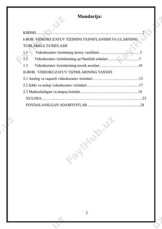 zimlarning ishlash tamoyillari, texnologik imkoniyatlari va ularning qo‘llanilish sohalarini qamrab oladi. mustaqil ish kirish, asosiy qism va xulosa bo‘limlaridan iborat bo‘lib, unda dastlab videokuzatuv tizimlarining nazariy asoslari va tasnifi ko‘rib chiqiladi. keyinchalik ularning turlari, ishlash tamoyillari va qo‘llanilish sohalari tahlil qilinadi. yakuniy qismda esa o‘rganilgan ma’lumotlar asosida xulosalar chiqarilib, taklif va tavsiyalar beriladi. i-bob. videokuzatuv tizimini tasniflanishi va ularning turlariga ta’riflash 1.1 videokuzatuv tizimining asosiy vazifalari videokuzatuv tizimi haqida umumiy tushuncha: videokuzatuv tizimi – bu xavfsizlikni ta’minlash, hududni nazorat qilish va ma’lumotlarni qayd etish uchun ishlatiladigan texnologik vositalar to‘plami. ushbu tizimlar jamoat joylarida, sanoat korxonalarida, savdo markazlarida va boshqa muhim ob’ektlarda qo‘llaniladi. videokuzatuv tizimining tasniflanishi; videokuzatuv tizimlari turli omillar bo‘yicha tasniflanishi mumkin, jumladan: signallarni uzatish usuliga ko‘ra · analog videokuzatuv tizimi – signal kabel orqali uzatiladi va maxsus monitor yoki videoyozuvchi qurilmada aks ettiriladi. · raqamli (ip) videokuzatuv tizimi – video ma’lumotlar tarmoq orqali uzatiladi va server yoki bulutli saqlash …