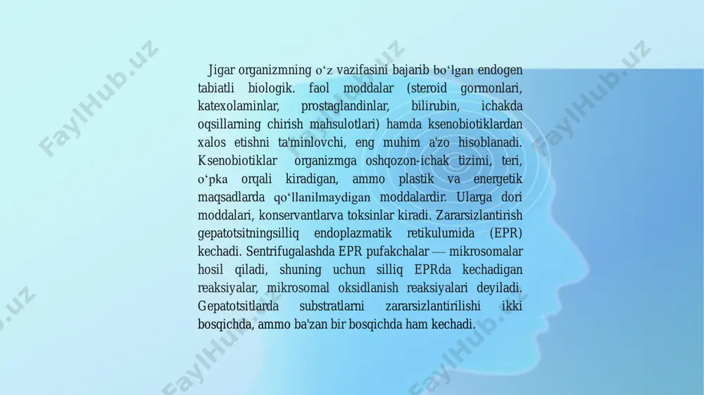 on kislotasi, s-adenozil- metmnm stfattda metiomn hamda glitsin, glutamin i b. ishtirok etadi. konyugatsiya reaksiyalarida ichakda oqsiilarni chirish mahsu1o‘lari - fenol (ttrozindan hosil bo‘1adi), indol, skatollar (triptofandan hosil bo‘ladi) zararsizlantiriladi. indol, fafs bilan konyugatsiyalanib, indoksilga aylanadi, keyin esa, hayvon indikaniga aylanib, siydik bilan chiqariladi. siydikda indikan miqdori bo‘yicha ichakda oqsillaming chirish tezligi hamda jigaming funksional holati haqida axboro‘ olish mumkin. avval jigaming funksional holatini baholash uchun kvik sinamasi qo‘llanilar edi: bemorga benzoy kislotasi berilib, keyin siydikda gippur kislotasi aniqlanar edi, bu kislotaning miqdori jigarda konyugatsiya reaksiyalari intensivligini ko‘rsatadi (benzoy kislotasi glitsin bilan konyugatsiyalanib, gippur kislotasini hosil qiladi). glutation-s-transfeı azalar (gt) ksenobio iklami i zararsizlantirishda muhim o‘rinni egallaydi, ular sito‘oksik organik peroksidlarni spirtlargaclıa qaytaradi; glutation epoksidlar, organik fosfatlar, tio‘sionatlar, getero‘siklik birikmalarni zararsizlantirishda ishtirok etadi. jigarda gormonlarning zar arsizlantirilislıi aloh ida ahamiyat kasb etadi. testosteron, aldosteron, estradiol kabi steroid gorıııonlarining inaktivatsiya mexanizmi, ularni gidroksillanishi va so‘ng fafs va udfgk bilan konyugatsiyalanishini o‘z …