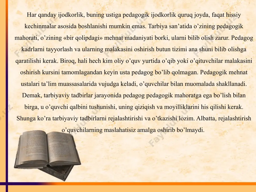 boylikka e’tiborsizlik. yoshlarning chet elga chiqishi. 0‘tish davri vazifalari. m a’naviy-ahloqiy muhitni sog'lomlashtirish. ta’lim tarbiyaning uzluksizligi. oila va mahalla rolini oshirish. ta’lim tarbiyani dunyoviy tasnifda shakllantirish. o‘qituvchi-o‘quvchi munosabatlarida ustoz-shogirdlikni qaror toptirish. ta’limni jahon andoza (standart)lari darajasiga chiqarish. uzluksiz ta’lim jarayonida ma’naviym a’rifiy tarbi ya tizimining funktsiyalari. oila, bog’cha, boshlang’ich, umumiy o‘rta, o‘rta maxsus, kasb-hunar, oliy, aspirantura, malaka oshirish ta’limi, bo‘sh vaqtdan unumli foydalanish. ta’lim tizimini insonparvarlashtirish va m a’naviy-tarbiyaning tashkiliy jihatlari. yoshlar buyuk davlatning kelajagi. 3. umumiy o‘rta ta’lim muassasalarida “tarbiya” fanini bosqichma-bosqich amaliyotga joriy etish chora-tadbirlari umumiy o‘rta ta’lim muassasalari o‘quvchilarining yoshi va psixofiziologik xususiyatlarini inobatga olgan holda ularning ongiga umuminsoniy qadriyatlar va yuksak ma’naviyatni yanada chuqur singdirish, ularni vatanparvarlik va insonparvarlik ruhida tarbiyalash, umumiy o‘rta ta’lim muassasalaridagi ma’naviy-tarbiyaviy ishlarni yangicha asosda tashkil etish maqsadida vazirlar mahkamasi qaror qiladi: 1. umumiy o‘rta ta’lim muassasalarida “odobnoma”, “vatan tuyg‘usi”, “milliy istiqlol g‘oyasi va ma’naviyat asoslari” hamda “dunyo dinlari tarixi” fanlarini birlashtirgan …