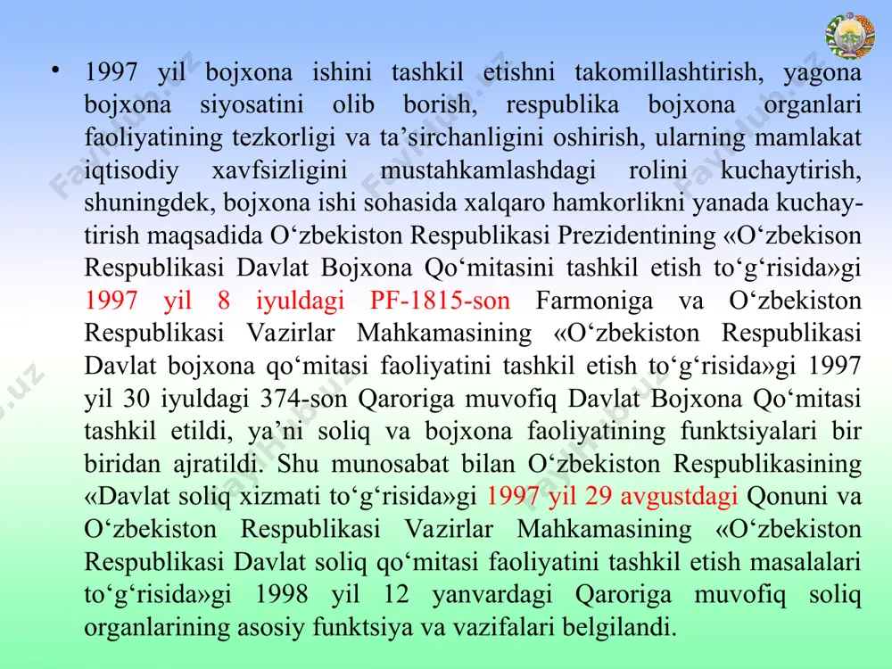 aoliyati, barcha tashkiliy munosabatlari va huquqiy munosabatlari organning o‘z vakolatlarini amalga oshirishining natijasi hisoblanadi. davlat soliq qo‘mitasining huquqlari uning boshqaruv faoliyati to‘g‘risida tasavvur beradi. davlat idorasining huquqlari – biron bir vazifani amalga oshirish mumkinligi me’yoridir, uning burchi esa - mazkur vazifani tegishlicha amalga oshirish me’yoridir. davlat idorasining funktsiyasi tegishlicha hatti-harakat me’yori sifatida biron-bir boshqaruv harakatini ko‘rsatish chog‘ida kamroq konkretlashtirilgan burchdan farq qiladi, me’yoriy tarzda umumiy ko‘rinishda ifodalangan bir qator tipik burchlarning umumlashgani sifatida qaraladi. huquqlar bilan majburiyatlar o‘rtasidagi farq ularni amalga oshirishning o‘ziga xos xususiyatlarida namoyon bo‘ladi. huquqlar davlat organiga u yoki boshqa masalalarni hal etishda tanlash erkinligini beradi. majburiyatlar organning faoliyat yuritishini qat’iy tartibga solib turadi, ularni amalga oshirish shart-sharoitlari esa, qonunda aniq ifodalangan bo‘lishi lozim. davlat soliq xizmati organining asosiy vazifalari quyidagilardan iborat: soliq qonun hujjatlariga rioya etilishi, soliqlarning to‘g‘ri hisoblanishi, soliqlar to‘liq va o‘z vaqtida to‘lanishi ustidan nazoratni amalga oshirish; soliq qonun hujjatlariga rioya etishda zarur shart-sharoitlarni …