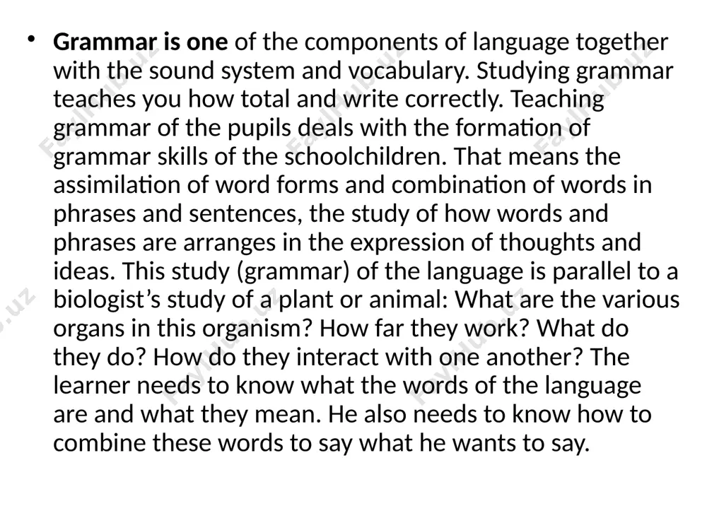 ords book and make). the pupil must look the word book up in a dictionary under v. in the second sentence the verb make is used in the meaning of «majbur qilmoq». the pupil can easily recognise it if he has learnt the infinitive construction. no speaking is possible without the knowledge of grammar, without the forming of a grammar mechanism. if a learner has acquired such a mechanism, he can produce correct sentences in a foreign language. a command of english as is envisaged by the school syllabus cannot be ensured without the study of grammar. pupils need grammar to be able to and, speak, read, and write in the target language. 1. comparative characteristics of the english grammar structure with that of mother tongue of the pupils (the most common difficulties pupils have in assimilating english grammar). the fact that english and uzbek belong to different families of …