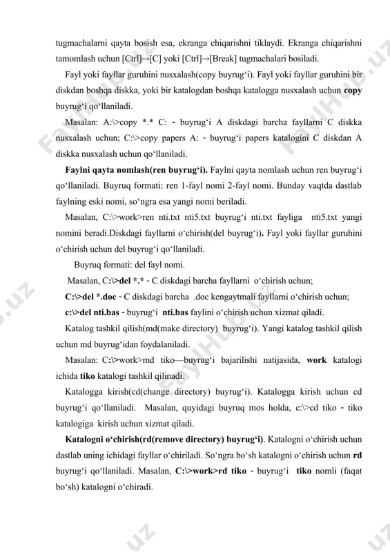 sh(format buyrug‘i). disklarni birinchi martaba ishlatishdan oldin u bilan dos tizimi uchun muloqotga imkoniyat yaratilishi lozim. buning uchun diskni formatlash kerak bo‘ladi. buyruq formati: format disk nomi: [ parametrlar] a diskni formatlash uchun quyidagi buyruq beriladi: c:\>format a: mabodo, diskga qandaydir ma’lumotlar yozilgan bo‘lsa, u format buyrug‘i berilishi bilan o‘chiriladi. buyruq berilgandan keyin ekranda quyidagi so‘rov paydo bo‘ladi. insert new diskette to drive x: and strike enter when ready(disketni qo‘ying va [enter] tugmachasini bosing). agar disk yaroqsiz bo‘lsa, u holda track 0 bad — disk unusable (0-yo‘l yaroqsiz, diskdan foydalanish mumkin emas) xabar paydo bo‘ladi. disk formatlangandan keyin yana quyidagi so‘rov paydo bo‘ladi: format another (y/n)? {yana formatlash kerakmi (y-ha, n-yo‘q)?} foydalanuvchi esa, o‘z navbatida kerakli ma’lumotni berishi lozim. (y/n)? {yana formatlash kerakmi (y-ha, n-yo‘q)?} foydalanuvchi esa, o‘z navbatida kerakli ma’lumotni berishi lozim. o‘chirilgan faylni tiklash(qu buyrug‘i). bexosdan o‘chirilgan fayl yoki fayllarning eski nusxasini tiklashda qu buyrug‘i qo‘llaniladi. masalan, c:\>qu …