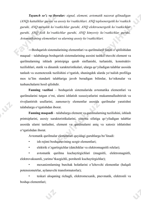 hiklar va elektromagnitli relelar); · avtomatik qurilma kuchaytirgichlari (magnitli, elektromagnitli, elektrovakuumli, yarimo’tkazgichli, porshenli kuchaytirgichlar); · mexanizmlarning burchak holatlarini o’lchovchi elementlar (halqali potensiometrlar, aylanuvchi transformatorlar); · teskari aloqaning richagli, elektromexanik, pnevmatik, elektronli va boshqa elementlari; · avtomatik qurilmalarning ijro etuvchi mexanizmlari (elektrli, gidravlik, pnevmatik va boshqa turli). har qanday boshqarish jarayoni to’rtda tashkil etuvchilarga bo’linishi mumkin: 1) ob’yekt holati parametrlarining qiymatini berish yoki boshqarish haqidagi ma’lumotni olish; 2) ob’yekt holati haqidagi ma’lumotni olish; 3) olingan ma’lumotni qayta ishlash va qaror qabul qilish, ya’ni boshqarish signalini shakllantirish; 4) shakllangan boshqarish signalini amalga oshirish – ishlab chiqiqgan boshqarish signaliga mos ravishda boshqarish ta’sirini amalga tadbiq etish. avtomatik boshqarishni tadbiq etish uchun mos zaruriy elementlar quyidagilardir: topshiriq beruvchi(zadayushiy), o’lchovchi, boshqaruvchi(rostlovchi) va ijro etuvchi elementlar. topshiriq beruvchi element (zadatchik) deb, boshqarish maqsadiga mos siganllarni ishlab chiqaruvchi elementga aytiladi. topshiriq beruvchi qurilma sifatida oddiy reostatli zadatchiklar, kontaktli buyruq-apparatlar, kontaktsiz dasturiy qurilmalar va boshqalar ishlatilishi mumkin. o’lchovchi …