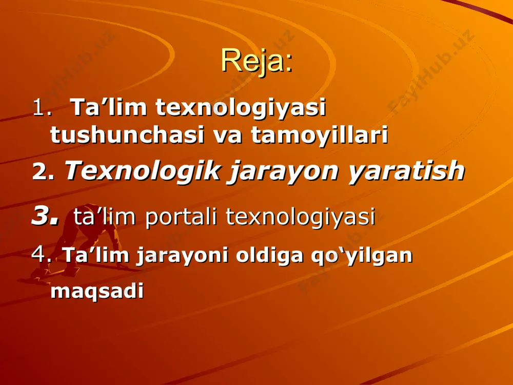 kompyuterlardan foydalanish sohasidagi tadqiqotlar sifatida qaralmaydi: bu, o‘qitish samaradorligini oshiruvchi omillarni tahlil qilish va qo‘llash yo‘li bilan hamda qo‘llanilayotgan usullarni baholash vositasida ta’lim jarayonining tamoyillarini aniqlash va optimallashtirish usullarini ishlab chiqish maqsadidagi tadqiqotlardir» ta’lim texnologiyasi tushunchasi va tamoyillari. pedagogika fani va amaliyotida, «pedagogik texnologiya», «ta’lim texnologiyasi», «o‘qitish texnologiyasi» kabi atamalardan keng foydalanilmoqda. shu bilan birga, ularni tushunish paytida alohida farqlar mavjud. avvalambor, «texnik texnologiya» va «pedagogik texnologiya» tushunchalarining mohiyatini aniqlaylik. «texnologiya» – yunoncha ikki so‘zdan – «texnos» (techne)- mahorat, san’at va «logos» (logos) – fan, ta’limot so‘zlaridan tashkil topgan. bu ifoda zamonaviy texnologiya jarayonini to‘liq tavsiflab berolmaydi. texnik texnologiya quyidagilarni bildiradi: yuqorida ta’kidlanganidek ta’lim texnologiyasi tushunchasi o‘qitish va o‘rganish jarayoniga tizim sifatida qarashni anglatar ekan, avvalo tizim tushunchasini tushunib olish zarur. tizim deb, tartiblangan, o‘zaro uzviy bog‘langan va birgalikda umumiy funksiyani bajaruvchi elementlar to‘plamiga aytiladi. misol uchun, avtomobil dvigateli bir nechta tizimlardan iborat bo‘lib, har bir tizim bir nechta elementlardan …