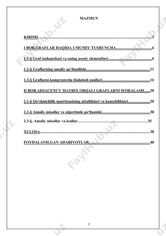 ib, ulardan eng mashhurlaridan biri — adjacency matrix, ya’ni qo‘shnichilik matritsasi orqali ifodalash usulidir. adjacency matrix graflarni ikki o‘lchamli matritsa ko‘rinishida ifodalash imkonini beradi. bu usulda har bir tugun boshqa tugun bilan bog‘langan yoki bog‘lanmaganligini 1 yoki 0 raqamlari orqali ifodalash mumkin bo‘ladi. bu esa graflar bilan matematik va dasturiy jihatdan ishlashda qulaylik yaratadi. xususan, grafdagi bog‘lanishlarni tahlil qilish, qisqa yo‘lni aniqlash, tarmoqning zichligini o‘lchash kabi jarayonlarda bu metod o‘zining yengilligi bilan ajralib turadi. matritsalar ustida bajariladigan amallar orqali murakkab tarmoqlarda aloqalarni aniqlash, ularni modellashtirish va vizual ko‘rinishga keltirish imkoni yaratiladi. graflarning qo‘shnichilik matritsasi yordamida ifodalanishi ayniqsa, turli algoritmlar bilan ishlashda katta ahamiyatga ega. dijkstra, floyd, bellman-ford kabi mashhur algoritmlar aynan matritsalar orqali optimal yo‘llarni topishga asoslangan. shuningdek, bu usul yordamida dasturchilar, muhandislar, tahlilchilar o‘z loyihalarini samarali modellashtiradi. masalan, yo‘l harakati tizimi, elektr tarmog‘i, suv ta’minoti tizimi, ijtimoiy tarmoqlardagi foydalanuvchilar o‘rtasidagi bog‘liqliklar graf ko‘rinishida ifodalanib, ular ustida matematik operatsiyalar bajariladi. …