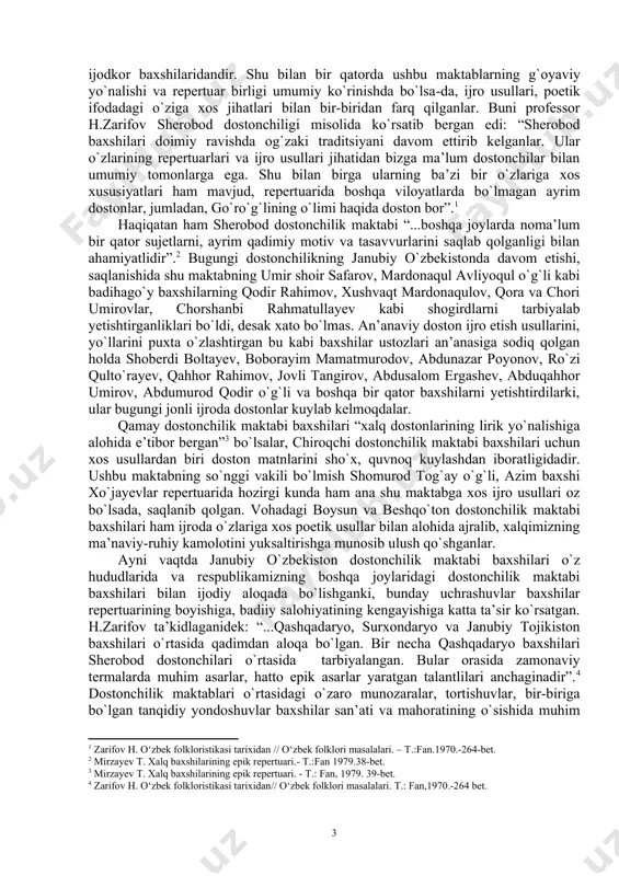 badihago`ylik salohiyatlarini namoyish qilib, ma’naviy barkamollikning yuksalishiga xizmat qilganlar. xuddi shunday umumiylik beshqo`ton, boysun dostonchilik maktabi baxshilari repertuariga ham xos bo`lib, juda ko`plab an’anaviy dostonlarni ijro etib, xalqimiz olqishiga sazovor bo`lganlar. abdurasul yuzboshi, sherdan mardonaqul, alim yuzboshi, eshmurod sherdan o`g`li, normurod poyon o`g`li, boymurod boymat o`g`li, eshqobil qo`shoq, mulla ermamat badalov va boshqa ko`plab baxshilar xuddi shu maktablarning iste’dodli ijodkor baxshilaridandir. shu bilan bir qatorda ushbu maktablarning g`oyaviy yo`nalishi va repertuar birligi umumiy ko`rinishda bo`lsa-da, ijro usullari, poetik ifodadagi o`ziga xos jihatlari bilan bir-biridan farq qilganlar. buni professor h.zarifov sherobod dostonchiligi misolida ko`rsatib bergan edi: “sherobod baxshilari doimiy ravishda og`zaki traditsiyani davom ettirib kelganlar. ular o`zlarining repertuarlari va ijro usullari jihatidan bizga ma’lum dostonchilar bilan umumiy tomonlarga ega. shu bilan birga ularning ba’zi bir o`zlariga xos xususiyatlari ham mavjud, repertuarida boshqa viloyatlarda bo`lmagan ayrim dostonlar, jumladan, go`ro`g`lining o`limi haqida doston bor”. haqiqatan ham sherobod dostonchilik maktabi “...boshqa joylarda noma’lum bir …