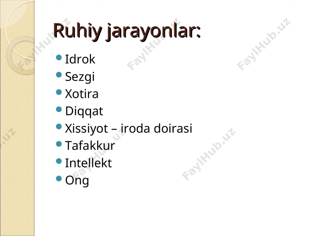 dagilarda ifodalanadi: har bir idrok tarkibiga ayni vaqtda bir necha sezgi kiradi. masalan, qovunni idrok qilish. bunda quyidagi sezgilar ishtirok etadi qovunning shakli va rangini aks etgiruvchi ko'rish sezgisi, hidini aks ettiruvchi hid sezgisi, mazasinn aks ettiruvchi ta'm sezgisi, harakatni aks etgiruvchi teri sezgisi va boshqalar. bu sezgilar taxlil yordamida ajratib olinadi va idrokning reseptiv tomonini tashkil etadi. ular ishtirokida narsaning barcha xossalari bir butun holda aks ettiriladi. bu esa idrokning perseptiv tomonini tashkil etadi. * idrokning konstantligi va anglanganligi. idrok qilinayotgan tashqi olam, muhit doimo o‘zgarishda, turli holatlarda, turli sharoitlarda namoyon bo‘ladi. turlicha yorug‘likda, fazoda turli holatlarda, turli masofda bo‘ladi. bunday omillar ta’siri ostida ko‘z sezgi organlarimizga kelayotgan ma’lumotlar turlicha bo‘ladi, ularni idrok qilish ham turlicha bo‘lishi kerak. ammo bizning pertseptiv (idrok qilish) tizimimiz bo‘layotgan o‘zgarishlarni to‘g‘rilash, tiklash qobiliyatiga ega. * har bir idrok tarkibiga kishining o'tmishda hosil qilingan bilim va tajribalari kiradi. biz bunday shakl buyumlarni ilgari juda …