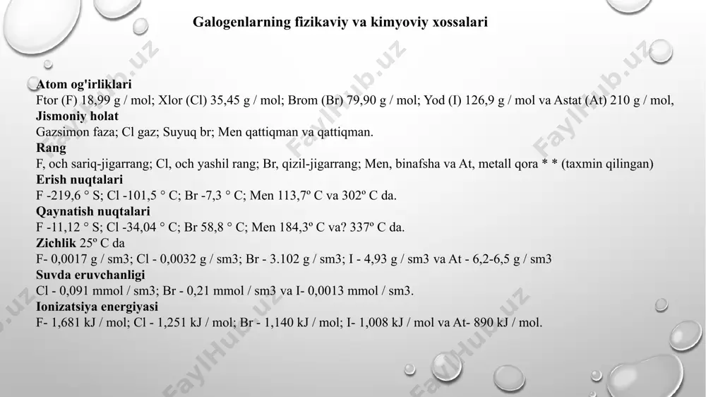 alli galogenidlar mx formulaga ega va ular orasida: nacl, natriy xlorid; kbr, kaliy bromidi; csf, ftor sezyum; va lii, lityum yodid. ishqoriy tuproq metallari, o'tish metallari yoki p bloki metallarining galogenidlari mx formulasiga egan, bu erda n - metallning musbat zaryadi. shunday qilib, ularning ayrim misollari: fecl3, temir triklorid; mgbr2, magniy bromidi; alf3, alyuminiy triflorid; va cui2, kubik yodidi. shu bilan birga, galogenlar uglerod atomlari bilan ham bog'lanish hosil qilishi mumkin; shuning uchun ular organik kimyo va biokimyoning murakkab dunyosiga kirib borishlari mumkin. ushbu birikmalar organik galogenidlar deb ataladi va umumiy kimyoviy formulaga ega rx, x har qanday galogen. galogenlarning ishlatilishi / qo'llanilishi - xlor sanoat sohasida -bromin va xlor to`qimachilik sanoatida junni oqartirish va davolash uchun ishlatiladi, shu bilan namlanganda uning qisqarishini oldini oladi. -ditritni dezinfektsiyalovchi sifatida va ichimlik suvi va suzish havzalarini tozalash uchun ishlatiladi. bundan tashqari, xlordan olingan aralashmalar kir yuvish va qog'oz sanoatida qo'llaniladi. - maxsus …