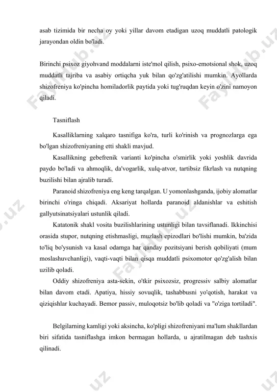 arali alomatlar paydo bo'lishi mumkin. o'smirlarda gebefrenik variant ko'pincha nafaqat xatti-harakatlar, balki ijtimoiy doiralar ham keskin o'zgaradi; sust shizofreniyaning har xil turlariga mos keladigan holatlar (nevrozga o'xshash, psixopatga o'xshash, "simptomlar zaif") icd-10da "shizotipal buzilish" sarlavhasi ostida ko'rib chiqiladi. ular klassik shizofreniyaga o'xshash namoyonlarga ega, ammo prognoz nuqtai nazaridan qulayroqdir va shaxsiyatning bunday chuqur o'zgarishlari bilan birga kelmaydi. semptomlar shizofreniya bir necha bosqichda sodir bo'ladi. kasallik o'zini namoyon qilishidan oldin, bemor oylar yoki yillar davomida prodromal davrni boshdan kechirishi mumkin. bu vaqtda bemor asta-sekin mehnatga, ijtimoiy hayotga, o'zining tashqi ko'rinishiga qiziqishini yo'qotadi. xotirada, fikrlashda, nutqda o'ziga xos bo'lmagan buzilishlar, beparvolik, tushunarsiz tashvish va engil depressiya mavjud bo'lishi mumkin. introversiya xarakterlidir, falsafaga, dinga bo'lgan ishtiyoq, spirtli ichimliklar yoki giyohvand moddalarga qaramlik mumkin. shizofreniyaning kuchayishi yoki uning namoyon bo'lishi belgilari kasallikning shakliga bog'liq. psixoz paytida quyidagi hodisalar bo'lishi mumkin: · delusional fikrlar va obsesyonlar, ko'pincha quvg'inlar aldanishi; · gallyutsinatsiyalar, asosan eshitish, ko'pincha haqiqatdan …