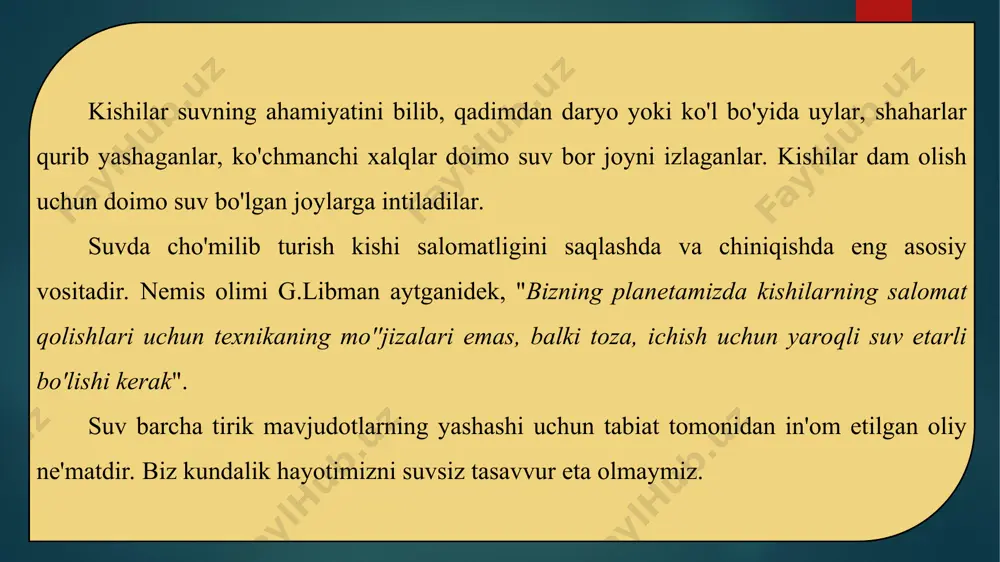 iga taxminan 10 mln. tonna neft mahsulotlari qo'shilmoqda. dengiz ostidan neft qazib olish oqibatida yiliga 100-200 ming tonna neft quduqlaridan chiqib okean suvini ifloslantirmoqda. yaqinda portugaliya qirg'oqlarida avariyaga uchragan gresiya tankeridan 11 ming tonna neft atlantika okeaniga oqib suvni ifloslantirgan. oqibatda portugaliya, ispaniya yaqinidagi okean suvidagi hayvon va o'simliklar dunyosi ancha talofat ko'rdi. okean suvlariga neft to'kilganda suv yuzasini parda qoplab, okean va atmosfera o'rtasida issiqlik, gaz almashinuvi jarayonini buzadi. oqibatda tabiatda suvning aylanma harakati, okean yuzasining radioaktiv hususiyatlari o'zgarib, suvdagi hayvon va o'simliklarning nafas olishi, hayotini qiyinlashtiradi. okean suviga tashlangan pestisidlar undagi o'simliklarni fotosinteziga zararli ta'sir etadi, hayvonlarni og'ir kasalliklar va o'limga mahkum etadi. okeanga tashlangan og'ir metallar esa hayvon mahsulotlari orqali kishilarni zaharlaydi. okean suvlari ifloslanganligi uchun ba'zi kurort shaharlari yaqinidagi joylarda hatto cho'milish taqiqlangan. okean suvlarini ifloslanishi tufayli ularda baliq ovlash 15-25 mln.tonnaga kamayib ketdi, faqat baliq ovlashdan yaponiya yilida 100 mln.dollar, aqsh da okean suvlari ifloslanishining …