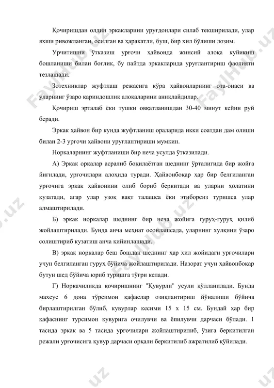 чириш даврининг охирида кам ҳаракатчан ва фаолияти сут эркак норкалар пучакка чиқарилади ва сўйилади. тулкиларда ва куйга келиш 7-11 кун давом этади ва урчиш даврида 1 мартагина юзага келади. хақиқий куйикиш 2-3 кун давом этади. урғочи тулкиларда куйикиш ва мойиликни жинсий аъзосини ташқи лабларини ўзгаришидан биладилар. 15-20 январдан бошлаб узлуксиз 2-3 кун оша жинсий аъзосини ташқи ҳолати кузатилади. биринчи даврда жинсий аъзо атрофи 1-2 кунлик ҳолати ҳисобга олинади. бунда ранги оқарганроқ ва озгина шишганлиги билинади. сийдигини рагида ўзгариш рўй беради. иккинчи давр ҳам 1-2 кун давом этиб ташқи жинсий аъзо атрофи шишган бўлади. учинчи давр жинсий мойилликга ўтиш даври ҳисобланиб, ташқи жинсий авж кучли шишади қавариқ бўлади. бу давр 1-2 кун давом этади. тўртинчи давр оталанишга тайёр ҳолати бўлиб, ташқи жинсий аъзоси айланма шишиб, каварган, қорамтир рангли, маълум миқдорда оқиш шилимшиқ оқиб тургани билинади. эркаки яқинлашганда бир четга буради. бу 2-3 ун давом этиб бунда мойиллик билан жуфтланади. бешинчи давр …
