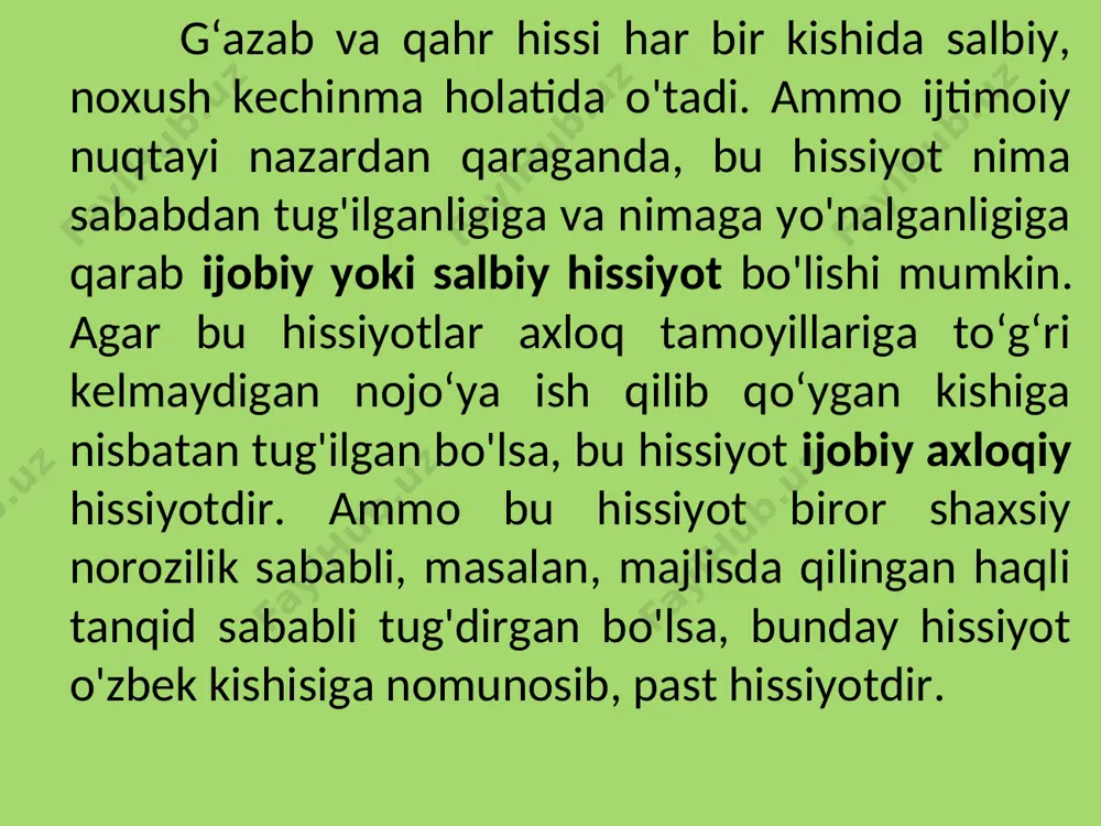 atilgan emotsional kechinmalardir. bizning emotsional kechinmalarimiz mimikada, gavda harakatlarida va imo-ishoralarda ayniqsa yaqqol ifodalanadi. kishining emotsional kechinmalari fiziologik jarayonlarda yig'i, kulgi va boshqa shu kabilarda ham namoyon bo'ladi. hissiyotlarning harakatlarda, mimikada, gavdada, imo-ishoralar va ma’noli ko'z qarashlarda, boshqa shu kabilarda mana shu tariqa tashqi ifodalanishlarining hammasi suratga va kinoga olish yo'li bilan qayd qilinishi mumkin. kishining emotsional kechinmalari uning nutqida ifodalanadi. turli emotsional kechinmalar vaqtida uning tezligi o'zgaradi, ko'pincha, nutqning sintaksis tuzilishi buziladi, ritmika va intonatsiya o'zgaradi. o'tkazilgan tekshirishlar shuni ko'rsatdiki, g'amginlik va ma’yuslik hislarini itodalovchi nutq vaqtida shu nutqni so'zlovchi kishining ovozi beixtiyor pasayib ketadi, nutqning o'zi susayib qoladi, so'zlayotgan kishining tovushi ham bo'linib-bo'linib chiqadi. xursandlik holatida bir nima so'zlayotgan kishining nutqida bunga butunlay teskari holat namoyon bo'ladi. turli emotsional kechinmalar vaqtida ovozning titrashi va uning past-balandligi turlicha o'zgaradi. hissiyotlarning mana shu tashqi ifodalari, odatda, ixtiyorimizdan tashqari namoyon bo'ladi. shuni ham aytib o‘tish kerakki, ayrim hislar o'ziga xos shaklda …