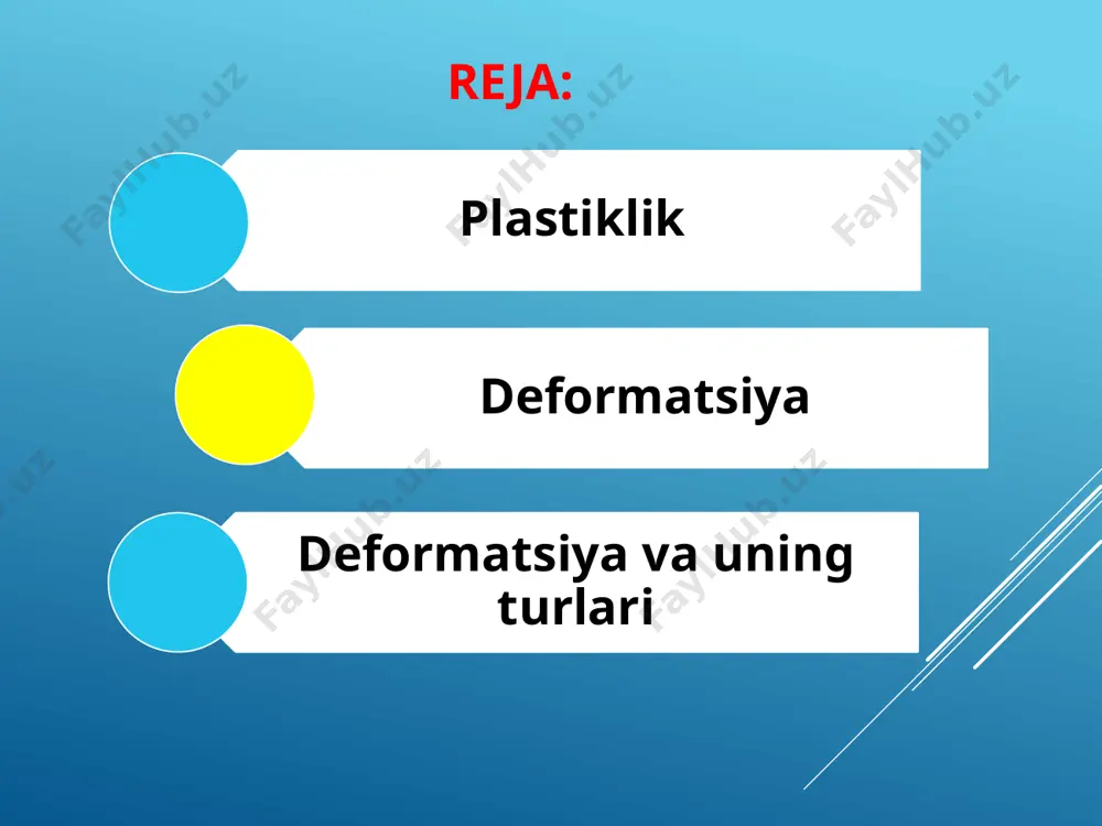 ni kuzatish mumkin. tashki kuch taʼsiri toʻxtagandan keyin deformatsiya yoʻqolsa (jism oʻz holiga qaytsa) elastik deformatsiya, saqlansa (jism oʻz holiga qaytmasa) plastik deformatsiya yuz beradi. elastiklik va plastiklik nazariyasida qattiq jism deformatsiyasiga oid harakat va kuchlanish oʻrganiladi. elastik deformatsiyalanuvchi qattiq jism yoʻq, har qanday qattiq jism tashqi kuch taʼsirida plastik deformatsiyalanadi. plastik deformatsiya temperatura, tashki kuch va deformatsiya tezligiga bogʻliq. tashki kuch maʼlum vaqt davomida bir xil taʼsir qilib tursa, deformatsiya vaqt oʻtgan sari oʻzgara boradi; bu hodisaga yoyiluvchanlik deyiladi. temperatura koʻtarilishi bilan yoyiluvchanlik ortadi. tashki kuch ortib borgandagi deformatsiya aktiv (faol), tashki kuch kamayib borgandagi deformatsiya passiv (sust) deformatsiya deyiladi. deformatsiyaning choʻzilish, siqilish, egilish, buralish xillari mavjud. mutlaq deformatsiyaning jism boshlangʻich oʻlchami (shakli)ga nisbati nisbiy deformatsiya deyiladi. deformatsiyaqonunlari materiallar qarshiligi, puxtaligi, inshootlar mustahkamligi va h.k.ni hisoblashda tatbiq qilinadi. siqilish va siqilish deformatsiyalari. agar bir uchida mahkamlangan bir xil tayoqqa kuch qo'llanilsa f uning o'qi bo'ylab novdadan uzoqda joylashgan bo'lsa, …