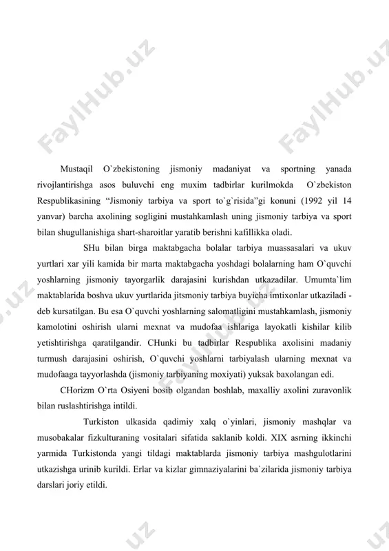 urtlarida gimnastika, kilichbozlik, otish va turli o`yinlardan mashgulotlar utkazila boshladi. xx asr boshlarida laun-tennis, kryuket, gimnastika, yengil atletika, kilichbozlik anchagina tarkalib toshkentda sport jamiyatlari tashkil etildi. masalan: 1904 yil “toshkent gimnastika va jismoniy xavaskorlari jamiyati”, 1906 yilda esa “sokol” yengil atletika guruxi tashkil etildi. 1913 yilda tashkil etilgan “toshkent sport xavaskorlar jamiyati” turkistonda eng yirik sport jamiyati edi. 1908 yildan boshlab, turkistonda professional polvonlarning chempionatlari utkazila boshladi. bu musobokalarda dunega mashxur polvonlar, zaikiy, potdubnыy, vaxturov, sheval kabi polvonlar katnashgan. avvalgi manbaalarda o`rta osiye chor rossiyasiga uz ixtiyeri bilan kushildi, degan iboralar urniga, endi o`rta osiye chor rossiyasi tomonidan bosib olndi. deb yuritila boshladi. xakikatdan ham chor rossiyasi xukumronlik qilgan davrlarda tayerlangan rasmiy xisobot, ma`lumot va boshqa xujjatlarda, rossiya generallari tomonidan qilingan taziklar, boskinchilik urushlari aynan guvox beradi. 1864 yilda turkiston , chimkent, avliyo ota, 1865 yilda toshkent bosib olindi. 1867 yilda yettisuv viloyati tashkil etilidi. 1868 yilda samarkand, 1876 yilda …