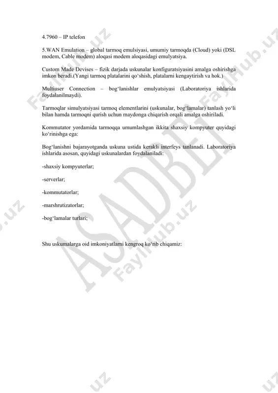 lanish tezligi va interfeys statusi(nufuzi) (6-rasm). 5- rasm. shaxsiy kompyuterning global sozlamalari 6- rasm. shaxsiy kompyuterning interfeys sozlamalari desktop – buyrug‘i shaxsiy kompyuterda bajarilishi mumkin bo‘lgan quyidagi ilovalarda emulyatsiya qiladi: 1. ip configuration – ip protokoli konfiguratsiyasi (bunda cofig buyrug‘ida emas, shu yerda bajarilishi mumkin). 2.dial – up – madem aloqa sozlamasi. 3.terminal – oynasi ochiladi, consol port (rs32) orqali bog‘langan uskunalardan foydalanish uchun qo‘llaniladi. 4.command promt – buyruq qatori (oc windows asosiy tarmoq buyruqlari qo‘llaniladi). 5.web brouser. 6.pc wireless – simsiz ulanish sozlamasi. konfiguratsiya nuqtai nazaridan server shaxsiy kompyuterdagi mavjud xususiyatlarga ega. kommutator – shaxsiy kompyuterdagi buyruqlarga ega (buyruqlari mos keladi), biroq desktop buyrug‘i o‘rniga cli buyrug‘i mavjud. u konsul kommutatoriga bog‘lanishga imkon beradi. confic buyrug‘i izohi metodik qo‘llanmalarda ko‘rsatilmagan, chunki kommutatorning barcha sozlamalri cli interfeysi orqali amalga oshiriladi. marshrutizator oynasi xususiyatlari kommutator oynasi xususiyatlariga mos keladi. cli interfeysi oci cisco ios ni taqdim etadi, shuning uchun kommutator va …