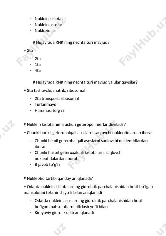 gan polisaxarid, glyukoza qoldiqlaridan tashkil topgan, alfc)-1,4) va alf-1,6) glikozid bog‘lari bilan bog‘langan - kо‘p shoxlangan polisaxarid, glyukoza qoldiqlaridan tashkil topgan, alf-1,4) va betta ) 1,6) glikozid bog‘lari bilan bog‘langan # qaysi gomopolisaxarid inson to’qimalarida to’planadi? + glikogen - glyukoza - glyukoza - sellobioza # oltingugurtli aminokislotani ko’rsating. + glutаmin - lеsitin - аlаnin - mеtiоnin # odatdagi, siydik tarkibidagi azot-organik modda: + mochevina - glyukoza - karnitin - bilirubin # insulinning muxim biologik funksiyasi: + qondagi glyukoza kontsentratsiyasini pasaytiradi - qonda glyukoza miqdorini oshiradi - katabolik ta’sir ko’rsatadi - glikogen, yog’, oqsil sintezini ingibirlaydi # laktozani xazmlanishida glukozadan tashqari hosil bo’ladi: + galaktoza - riboza - fruktoza - mannoza # 7 uglerod atomidan tashkil topgan monosaxarid: + sedogeptuloza - riboza - glukopiranoza - fruktoza # uglevodlarning eng asosiy funktsiyasini ko’rsating: + energetik - qisqarish - qurilish - himoya # nuklein kislotalarga ta’luqli bo’lgan javobni ko’rsating a)yuqorimolekulyar birikmalar b)kichik molekulyar …