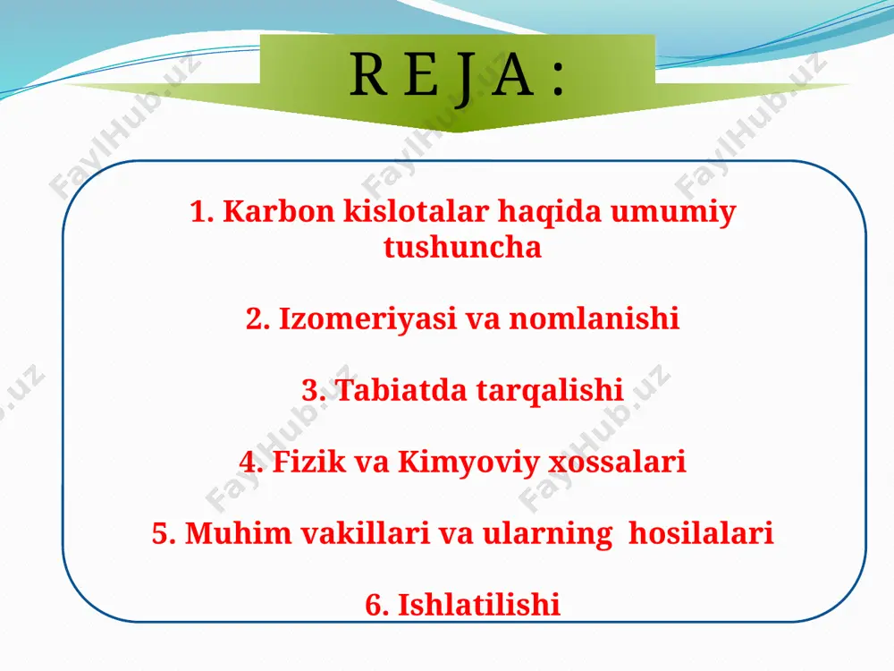 obiga reaksiyaga kirishib tegishli tuzlarni hosil qiladi. sirka kislota magniy atsetat mis atsetat sirka kislota ishqorlar va asoslar bilan ham ta’sirlashib tegishli tuzlarni hosil qiladi o`zidan kuchsiz kislota tuzlaridan kislota qoldig`ini siqib chiqara oladi. sirka kislota natriy atsetat kalsiy atsetat sirka kislota eterifikatsiya gidroliz eterifikatsiya reaksiyasida ajralayotgan suvning vodorodi spirtdan, oh esa kislotadan hosil bo’ladi 18 18 hcooh – o`tkir hidli rangsiz suyuqlik. 1010c da qaynaydi. suvda istalgan miqdorda eriydi. terini kuydiradi. dastlab chumoli bezlaridan ajraladigan suyuqlik tarkibidan topilgani uchun chumoli kislota deyiladi. qichitqi o`t va archa tarkibida uchraydi. qon va muskul tarkibida ham oz miqdorda bo`ladi. e’tiboringiz uchun rahmat!!! 1-e guruh talabasi bolliyev salohiddin 2021-2022 image2.png image3.jpeg image4.jpeg image5.jpeg image6.jpeg image7.png image8.jpeg image9.jpeg image10.png image11.jpeg image12.jpeg image13.jpeg image14.jpeg image15.jpeg image16.jpeg image17.jpeg image18.jpeg image19.jpeg image20.png image21.png image22.png image23.png image24.png image25.png image26.png image27.jpeg image28.jpeg image29.png image30.png image31.png image32.png image33.png image34.png image35.emf image36.jpeg