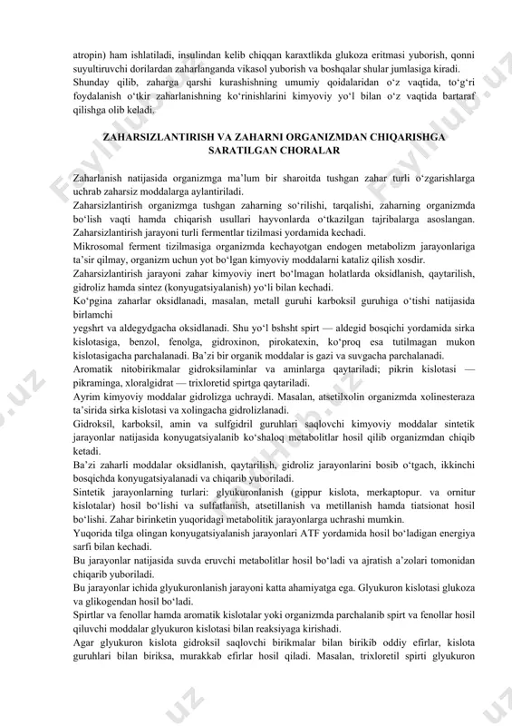 suv, sut yordamida erimaydigan albuminatlarga o‘tkazish mumkin. ba’zi metallar, metalloidlar oltin saqlovchi birikmalar yordamida metall sulfidlarga o‘tkaziladi. bu maqsadlarda natriy tiosulfat yoki magniy sulfat eritmalari yuboriladi. alkaloidlar va ba’zi metallar (masalan, rux) 1—3% tannin eritmasi bilan bog‘lanadi. bosforni 1 % li sulfat natriy, ftorni esa eruvchy kalsiy xlorid yordamida bog‘lanadi. turli organik moddalarni 0,25—1% kaliy permanganat (margansovka) eritmasi bilan oshqozonni yuvish yo‘li bilan oksidlab zararsizlantirish mumkin (masalan, morfin oksimorfinga o‘tadi). teri orqali tushgan iprit, lyuizit, ba’zi bir fosfororganik birikmalarni xloramin yordamida oksidlash (zararsizlantirish) mumkin. zaharning ichakdan ajralib chiqishini tezlashtirish uchun tuz surgilar (20—30 g magniy yoki natriy sulfatni 1 stakan suvda eritib) chiqariladi. zaharni neytrallash yoki uni biriktirib olishga xizmat qiladigan dorilar bilan bir qatorda zaharning salbiy ta’sirlarini kesuvchi fiziologik antidotlar (masalan, muxomordan zaharlanganda atropin) ham ishlatiladi, insulindan kelib chiqqan karaxtlikda glukoza eritmasi yuborish, qonni suyultiruvchi dorilardan zaharlanganda vikasol yuborish va boshqalar shular jumlasiga kiradi. shunday qilib, zaharga qarshi kurashishning …