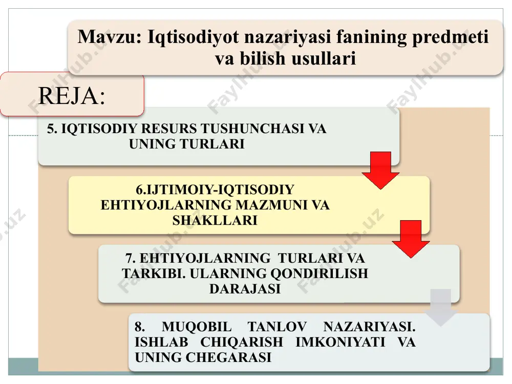 ri ishlab chiqarish - tovarlar va xizmatlar yaratiladi taqsimlash -yaratilgan tovar (xizmat)lar hududiy birliklar, tarmoqlar, sohalar hamda resurs egalari o‘rtasida taqsimlanadi ayriboshlash -turli xil bozorlarda tovar (xizmat)lar pul vositasida ayriboshlanib, ishlab chiqaruvchidan iste'molchi qo‘liga o‘tadi. iste'mol -tovar (xizmat)lar pirovard foydalaniladi, ya'ni ular shaxsiy va unumli iste'mol qilinadi infratuzilma turlari: ishlab chiqarish infratuzilmasi-bevosita ishlab chiqarish jarayoniga xizmat ko‘rsatadi. bular saqlash va uzatish vositalari ombor xo‘jaligi, moddiy texnika ta'minoti, transport, aloqa, yo‘llar, boshqalardir. ijtimoiy infratuzilma-kishilar yashash va hayot kechirishining ijtimoiy-madaniy va maishiy sharoitlarini tashkil qiladi (ta'lim, sog‘liqni saqlash, maishiy, uy-joy va kommunal xo‘jalik). bozor infratuzilmasi -tovarlar va iqtisodiy resurslar ayriboshlash jarayoniga xizmat qiladi (birjalar, savdo uylari, auksionlar va boshqalar). qishloq xo‘jaligi infratuzilmasi 8 infratuzilma — bu ishlab chiqarish va ayirboshlashni me'yorida amalga oshirish hamda kishilarning turmush kechirishining umumiy shart-sharoitlarini tashkil qiluvchi sohalar. iqtisodiyotning doimiy va bosh masalasi- jamiyat ehtiyojlarining cheksizligi hamda resurslarning cheklanganligidir. iqtisodiyotning asosiy muammosi — bu iqtisodiy resurslar cheklangan sharoitda …