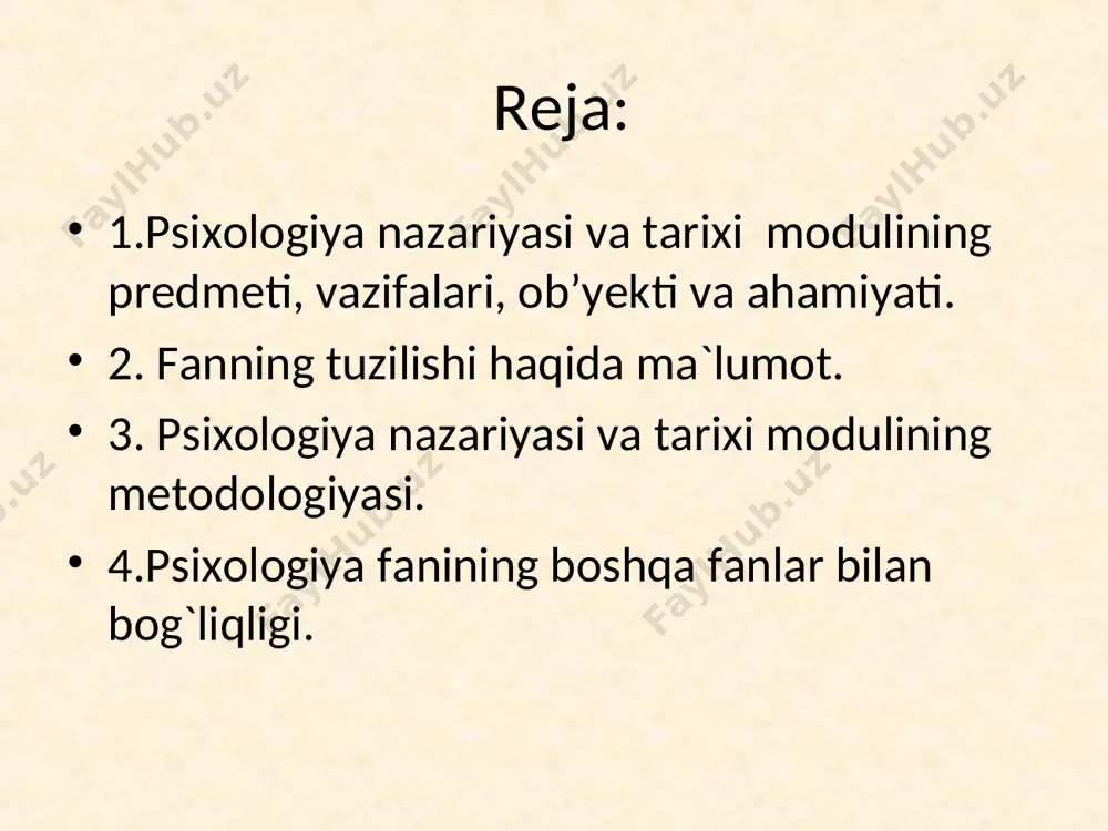 boratdir. psixologiya predmeti quyidagilarni qamrab olishi zarur: 1 psixologik bilish jarayonlari (sezgi, idrok, xotira va hokazo); 2 psixikaning shakllari (faoliyat, xulq, muomala); 3 psixikaning holatlari (kayfiyat, xayolparishonlik kabilar); 4 psixikaning hodisalari; 5 psixikaning xislatlari, fazilatlari, sifatlari, xossalari; 6 psixikaning qonuniyatlari; 7 psixikaning mexanizmlari; 8 psixik sharoit, muhit, vaziyat; 9 o‘zaro sababiy bog'lanishlar; 10 tadqiqot metodlari, vositalari, materiallari, prinsiplari va hokazo. psixologiya fanini muayyan sohalarga bo'lishda aniq,yaqqol faoliyatning psixologik tomoni, insonning jamiyatga nisbatan psixologik munosabati va taraqqiyotining psixologik jabhasi asos qilib olingan. quyida psixologiya sohalarining tavsifiga biroz to ‘xtalib o ‘tamiz umumiy psixologiya eksperimenfal psixoiogiya mehnat psixologiyasi m uhandislik psixologiyasi pedagogik psixologiya tibbiyot psixologiyasi yuridik psixologiya harbiy psixologiya sport psixologiyasi yosh psixologiyasi maxsus psixologiya q iyosiy psixologiya ijtimoiy (sotsiol) psixoiogiya din psixologiyasi siyosiy psixologiya oila psixologiyasi fan psixologiyasi * psixika va uning namoyon bo'lish shakllari psixika - (yunon psychikos - ruhiy, jonga oid) miyaning aks ettirish faoliyati bo‘lib, u kishining hayot …