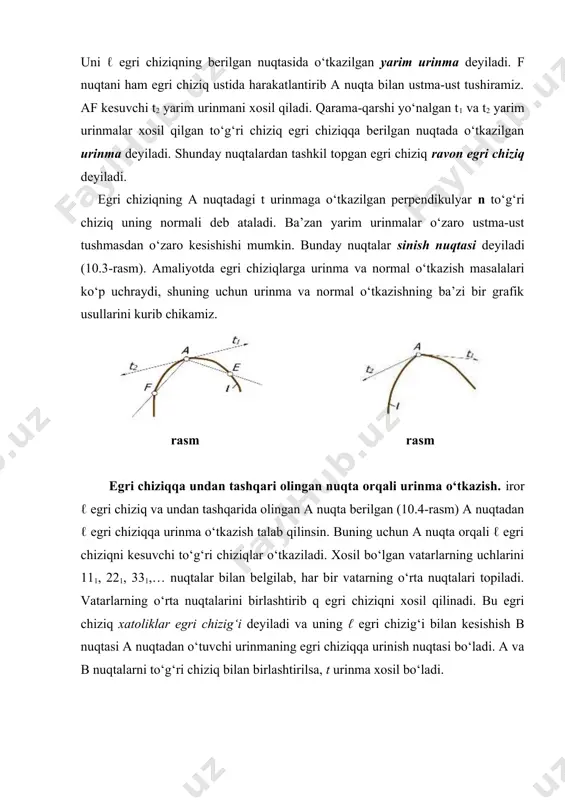 aylanalar ℓ egri chiziqni 111, 221, 331, …nuqtalarda kesadi. mos nuqtalarni o‘zaro birlashtirib, egri chiziqning 111, 221, 331,… vatarlarini xosil qilinadi. vatarlar uchlaridan qarama-qarshi yo‘nalishda unga perpendikulyar chiziqlar chiqariladi va ularga vatarlar uzunliglarini o‘lchab quyiladi. bu kesmalarning uchlarini tartib bilan birlashtirib q chiziq xosil qiladi. q va ℓ egri chiziqlar o‘zaro b nuqtada kesishadilar. a va b nuqtalarni birlashtiruvchi n to‘g‘ri chiziq ℓ egri chiziqning normali bo‘ladi. adabiyotlar: 1. sh.k. murodov va boshqalar. chizma geometriya. toshkent, «iqtisod-moliya», 2006, 2008. 2. b.b.qulnazarov. chizma geometriya. toshkent, «o‘zbekiston», 2006. 3. a.n. valiyev. perspektiva. toshkent, «tdpu rizografi», 2006. 4. sh.k. murodov va boshqalar. chizma geometriya kursi. toshkent, «o‘qituvchi», 1988. 5. r.q. ismatullaev. chizma geometriya. toshkent, 2005. 6. i. raxmonov. perspektiva. toshkent, «o‘qituvchi», 1993. 7. r.x. xorunov. chizma geometriya kursi. toshkent, «o‘qtuvchi», 4-nashri, 1997. 8. r.x. xorunov, a. akbarov. chizma geometriyadan masalalar va ularni echish usullari. 2-nashri, «o‘qituvchi», 1995.