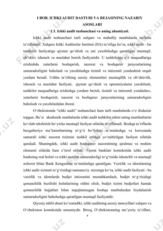 ki audit” tushunchasi ham turli manbalarda o‘z ifodasini topgan. ba’zi akademik manbalarda ichki audit tashkilot ishini uning manfaatlarini ko‘zlab tekshirish bo‘yicha mustaqil faoliyat sifatida ta’riflanadi. boshqa ta’riflarda buxgalteriya ma’lumotlarining to‘g‘ri bo‘lishini ta’minlashga va korxonada samarali ichki nazorat tizimini tashkil etishga yo‘naltirilgan faoliyat sifatida qaraladi. shuningdek, ichki audit boshqaruv nazoratining ajralmas va muhim elementi sifatida ham e’tirof etiladi. tijorat banklari kontekstida ichki audit bankning real holati va ichki nazorat samaradorligi to‘g‘risida ishonchli va mustaqil axborot bilan bank kengashini ta’minlashga qaratilgan. vazirlik va idoralarning ichki audit xizmati to‘g‘risidagi namunaviy nizomga ko‘ra, ichki audit faoliyati - bu vazirlik va idoralarda budjet intizomini mustahkamlash, budjet to‘g‘risidagi qonunchilik buzilishi holatlarining oldini olish, budjet tizimi budjetlari hamda qonunchilik hujjatlari bilan taqiqlanmagan boshqa manbalardan foydalanish samaradorligini baholashga qaratilgan mustaqil faoliyatdir. qiyosiy tahlil shuni ko‘rsatadiki, ichki auditning asosiy tamoyillari xalqaro va o‘zbekiston kontekstida umumiydir. biroq, o‘zbekistonning me’yoriy ta’riflari, ayniqsa davlat sektoriga oid bo‘lganlari, budjet nazorati va moliyaviy qoidalarga …