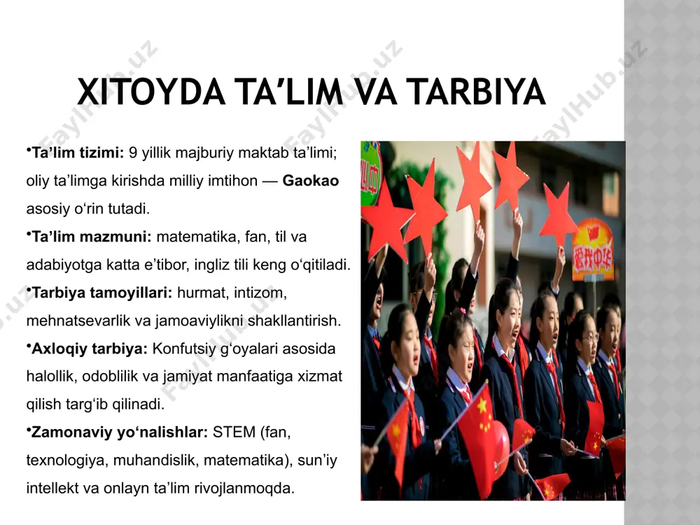 xsning ijtimoiy qimmatli fazilatlarini shakllantirishning negizi va asosiy manbai; tarbiyalanuvchilarning o‘zaro tarbiyaviy ta’siri, o‘zaro munosabatlari hamda faol faoliyati o‘rtasidagi bog‘lanish; tarbiya va o‘zini-o‘zi tarbiyalashning intensivligi (jadalligi); tarbiyalanuvchining “ichki olami”ga ta’sir etishning intensivligi; tarbiyalanuvchilarda verbal va sensomotor jarayonlarning rivojlanish darajasi va pedagogik ta’sirni hisobga olish. tarbiya qoidalari. bu bir tomondan, ijtimoiy hodisa sifatida tarbiyaning xususiyatlari, ikkinchi tomondan, shaxsning rivojlanishi bilan bog‘liq bo‘lgan barqaror aloqalar. tarbiya jarayonining quyidagi qonuniyatlari mavjud: tarbiya tamoyillari tarbiya tamoyillari - bu tarbiyaviy ishning yo‘nalishiga, mazmuniga, metodlari va tashkil etilishiga, tarbiya jarayonining ishtirokchilari orasidagi munosabatlarga qo‘yiladigan asosiy talablar ifodalanadigan dastlabki qoidalardir. herbert spencer - ingliz olimi “tarbiya - bolaning shaxs sifatida har tomonlama rivojlanishini ta’minlashning amaliy jarayonlarini o‘z ichiga olishi kerak” - deb yozadi, o‘zining "butun shaxsni rivojlantirish" kitobida tarbiyaning aqliy, axloqiy va jismoniy turlarini ko‘rsatib o‘tib, ulardan eng asosiysi axloqiy tarbiyadir deb ta’kidlaydi. farzandlarimiz tarbiyasida muhim qoidalar tajribadan 3-qoida 2-qoida 1-qoida niyat na’muna tushuntirish 4-qoida pand-nasihat rag’batlantirish …
