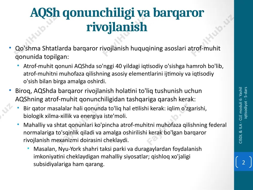 dashish kerak. barqaror rivojlanish, shuningdek, aqsh tomonidan qo'llaniladigan xalqaro savdo huquqi sohasidagi protsessual standartlar va moddiy huquqda ham hisobga olinishi kerak. hozirgi vaqtda jst nizolarni hal qilish organining (" dsb ") qarorlari xalqaro savdo huquqida barqaror rivojlanish maqsadining huquqiy oqibatlarini talqin qilishning asosiy manbai hisoblanadi. cisdl & ila - cle moduli 6: yashil iqtisodiyot - 5-dars 4 aqshda yashil iqtisodiyot qonuni aqshda iqtisodiy rivojlanish qonuni ma'lum darajada yashil iqtisodiyotni rivojlantirish uchun ishlatilishi mumkin: masalan, pensilvaniyada mahalliy hokimiyat idoralari ispan shamol turbinasi ishlab chiqaruvchisini qonuniy mexanizmlarga asoslangan bir xil iqtisodiy rag'batlardan foydalangan holda bosh qarorgohini pensilvaniyada joylashtirishga ishontirishga harakat qildi. aqshda biz qayta tiklanadigan energiyadan foydalanish, energiya samaradorligi, ishlab chiqarish usullarini sertifikatlash, majburiy qayta ishlash qoidalari va boshqalar nuqtai nazaridan ekologik barqaror iqtisodiy rivojlanish siyosatining paydo bo'lishini ko'ramiz. bu siyosatlar iqtisodiyotni barqaror yo‘nalishga yo‘naltiradi. cisdl & ila - cle moduli 6: yashil iqtisodiyot - 5-dars 5 barqarorlik va & yashil iqtisodiyot …
