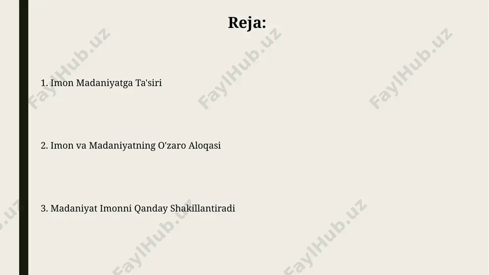 nning ta'siri cheklangan bo'lsa-da, an'anaviy madaniy amaliyotlarning ayrimlari, masalan, 30 ga yaqin qadimiy urf-odatlar, yashirincha saqlanib qolgan. o'zbekistonning turli mintaqalarida, masalan, buxoro va xivada, 18-asrda mavjud bo'lgan diniy marosimlar xalq hunarmandchiligi va me'morchiligi uslublariga sezilarli ta'sir ko'rsatgan. imon va madaniy mojarolar 15-asrda samarqandda yashab ijod qilgan alloma mirzo ulug‘bekning rasadxonasi, turli madaniyat vakillarining birgalikda astronomiya bilan shug‘ullanishlariga misol bo‘lib, ilm-fan va dinning uyg‘unlashuvi haqida dalolat beradi. buxoro amirligi davrida (16-18-asrlar) islom dinining ta’siri ostida shakllangan madaniy an’analar, xususan, miniatyura san’ati, ko‘plab diniy va dunyoviy mavzulardagi asarlarni o‘z ichiga olgan 200 dan ortiq qo‘lyozmalar bilan namoyon bo‘ladi. imon va madaniyatning kelajagi toshkentdagi 3 ta yirik universitetda "imon va madaniyat" fanini o'qitish orqali talabalar orasida 70% ga yaqin diniy bag'rikenglik darajasi kuzatilgan. samarqanddagi madaniy meros ob'ektlari diniy turizmni rivojlantirishga hissa qo'shib, yillik tashrif buyuruvchilar sonini 15% ga oshirgan. e'tiboringiz uchun rahmat @taqdimot_robot image1.jpg image2.jpg image3.jpg image4.jpg image5.jpg image6.jpg image7.jpg