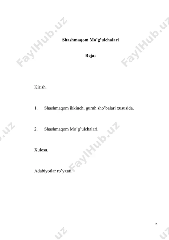 асослари. тошкент. 1992-йил. 3-бет.] [3: r. yunusov. o`zbek xalq musiqa ijodi. toshkent. 2000-yil 3-bet.] “maqom (arabcha — joy, makon, o`rin) — musulmon sharqi musiqasida asosiy tushunchalardan biri hisoblanadi. dastlab muayyan balandlikdagi tovushni hosil etish uchun torli cholg`uning dastasida barmoq bilan bosiladigan joy, parda ma’nosida ishlatilgan. keyinchalik, sharq musiqa nazariyasi rivojlanishi jarayonida maqomning mazmun doirasi tobora kengayib, bir-biriga nisbatan bog`liq boshqa ma’nolarni ham anglata boshladi: lad tuzilmasi, lad tizimi; muayyan pardalar zaminida vujudga kelgan kuy-ohanglar; shakl, janr; bir qismli yoki turkumli cholg`u va ashula yo`llari; musiqiy uslub va boshqalar.”[footnoteref:4] maqomning mahsus ilmiy-nazariy, estetik-falsafiy va amaliy masalalari o`rta asrlarda bitilgan ko`plab musiqiy risolalarda yozib kelingan. atoqli musiqashunos safiuddin al-urmaviy maqom nomlaridagi parda tuzilmalarini ilmiy tasniflab, “12 maqom” tizimini ishlab chiqqan. [4: ўзбекистон миллий энциклопедияси 5-жилд. тошкент. 2003-йил. 544-бет.] “shashmaqomning shakllanishida “o`n ikki maqom” tizimidagi lad asoslari, bir-biriga yaqin bo`lgan maqomlar va sho`balar birlashtirilgan. shashmaqom forscha va arabcha so`zlarining birikmasi bo`lib, “olti maqom” …