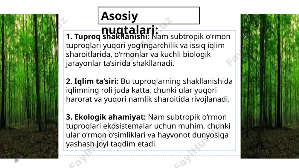 ozuqa moddalari yetarli bo‘lmasligi mumkin. ayniqsa, yuqori yog‘ingarchilik tuproqning yuqori qatlamidagi minerallarni yuvib, o‘simliklar uchun kerakli elementlarni kamaytiradi. shu sababli, bu tuproqlarda o‘simliklar faqat ma’lum o‘simliklar turlariga mos keladi, va ba’zida tuproqni yemirish yoki unumdorligini kamaytiradigan omillar ko‘payishi mumkin. iqlim o‘zgarishining ta’siri iqlim o‘zgarishining natijasida nam subtropik o‘rmon tuproqlari mavjud ekologik tizimlarga yangi bosqichda bosim o‘tkazadi. yuqori harorat va yog‘ingarchilikning o‘zgarishi tuproqning kimyoviy tarkibini o‘zgartirib, uning unumdorligi va ekosistemaga ta’sir ko‘rsatishi mumkin. iqlimning o‘zgarishi tufayli nam subtropik o‘rmon tuproqlarining eroziya darajasi ortishi mumkin, bu esa qishloq xo‘jaligi va o‘rmonchilik uchun xavf tug‘diradi. boshqarish va himoya nam subtropik o‘rmon tuproqlarini himoya qilish uchun muhim ahamiyatga ega bo‘lgan omillar orasida o‘rmonlarni kesishni nazorat qilish, barqaror qishloq xo‘jaligini rivojlantirish va melioratsiya choralarini joriy etish bor. ushbu tuproqlarni yaxshilash va himoya qilish qishloq xo‘jaligida foydali natijalar beradi va tabiatni muhofaza qilishda katta rol o‘ynaydi. nam subtropik o‘rmon tuproqlari ekologik va agronomik jihatdan katta ahamiyatga …