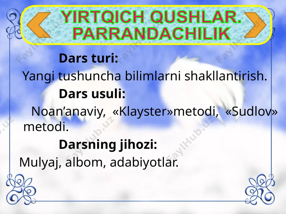 aydalanib botaloqning momiq jumga, qoya yemirilib qumloqqa, xarsanglar ushalib maysazorga aylanibdi. ana o‘sha zamonlardan beri bedana boshqa qushlarday dum. bilan emas, ko‘ksi bilan yerga urilib, qo‘nar ekan. yana bir gap to‘shim yaralab, asqar tog‘ni oshib o‘tgan bedana ekan-u, uning shuhratiga o zga qushlar egalik qilishibdi. xullas, o‘zgalarning shuhratiga egalik qilish o‘sha zamonlardan meros qolgan deyishadi. bedana ertagi o`tilgan mavzuni o`qish. ixtiyoriy yirtqich qush rasmini chizish. * dars so`ngida o`qituvchi tomonidan o`quvchilarga “bedana” nomli ibratli ertak aytib eshittiriladi. turli holatda baholangan kartochkalardan foydalanib g`olib guruh aniqlanadi. uyga vazifa boshiga qaytish chiqish image3.jpeg image4.gif image5.jpeg image6.jpeg image7.jpeg image8.jpeg image9.png image10.png image11.png image12.jpeg image13.jpeg image14.jpeg image15.jpeg image16.jpeg image17.jpeg image18.jpeg image19.jpeg image20.jpeg /docprops/thumbnail.jpeg