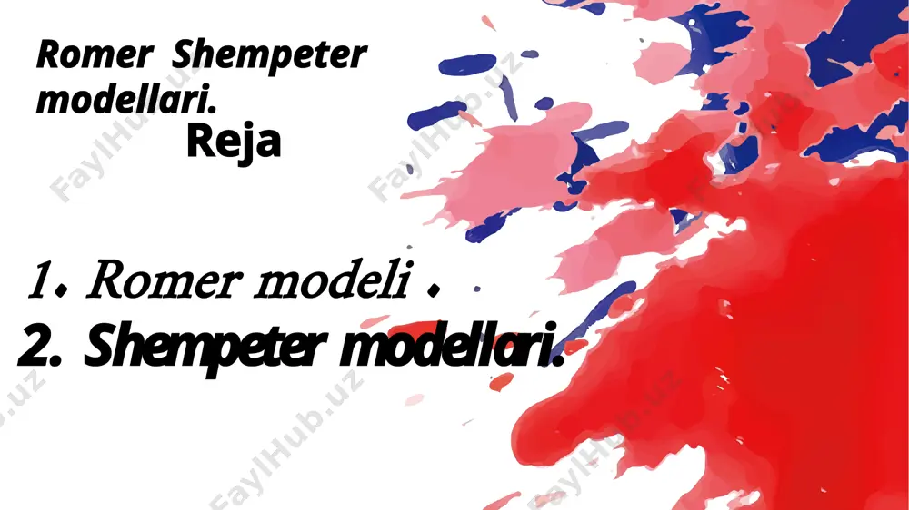 ishlab chiqargan. shumpeteriya sharoitida raqobat mavjud bo'lib, u o'ylash uchun yangi o'lchovni yaratadi, bu bozor hokimiyatining tabiati amaldagi rahbarga qaraganda va innovator xohlagan shumpeterian modeli uchun mahsulotingizni sotishda qat'iy monopoliya yo'q. har bir amaldor bir paytlar innovator bo'lgan va ular almashtirgan eski amaldor hali ham biznesni qaytarib olishga tayyor. demak, amaldagi amaldorning narx strategiyasi buni hisobga olishi kerak. shumpeteriy modellar romer modeliga qaraganda ancha boy sanoat tashkiloti holatlariga imkon beradi. romerning mahsulot turlari modeli ) monopolistik raqobat sharoitida endogen iqtisodiy o'sishning uch sektorli modeli bo'lib , xulq - atvor omillari ta'sirida barqaror iqtisodiy o'sish imkoniyatini ko'rsatadi . modelda texnologik taraqqiyot iqtisodiy agentlarning foyda olish uchun yangi texnologiyalarga investitsiya qilish bo'yicha maqsadli faoliyatining natijasidir . model individual qarorlar iqtisodiy o'sish sur'atlariga qanday ta'sir qilishini tushunishga muhim hissa qo'shdi, shuningdek, nega kambag'al mamlakatlar boylarni quvib eta olmasligi sabablari. 1988 yilda pol romer tomonidan ishlab chiqilgan . vielen dank für das herunterladen von …