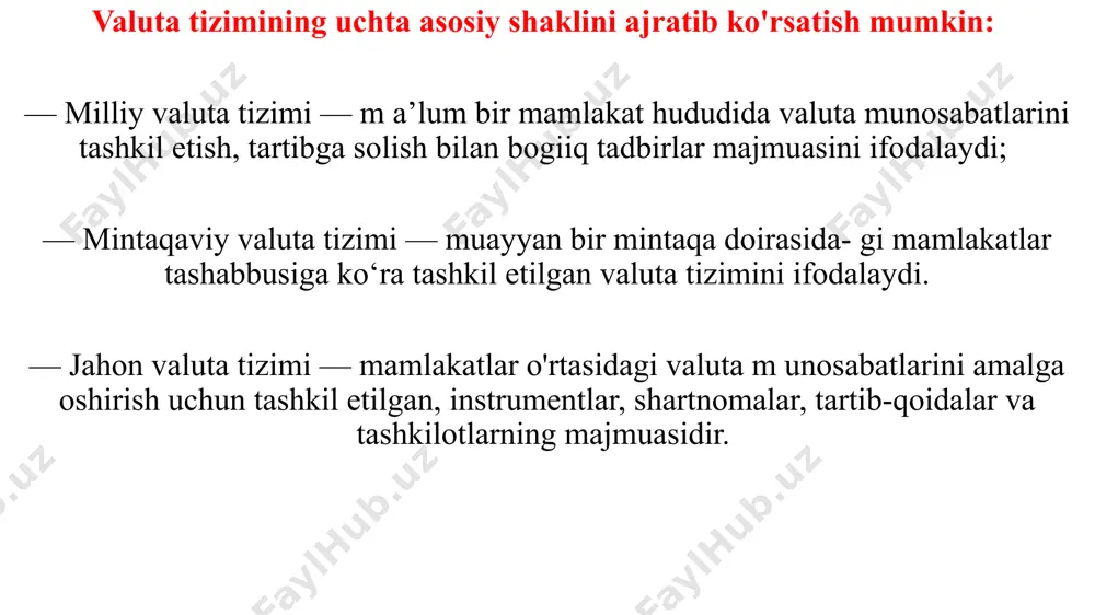 ng amal qilish tamoyillari ham o‘zgardi. jahon valuta tizimi rivojlanish jarayonida quyidagi bosqichlarni bosib o‘tdi: — parij valuta tizimi (1867—1914-y.y.); — genuya valuta tizimi (1922—1929-y.y); — bretton-vuds valuta tizimi (1945—1976-y.y.) ; — yamayka valuta tizimi (1976-yildan hozirgi davrgacha). jahon valuta tizimining dastlabki bosqichlarida oltin andozasi (standart) tizimi amal qildi. oltin andozasi tizimida mamlakatlar pul birliklari qiymatiga teng bo‘lgan oltinning muayyan miqdori rasmiy tarzda o‘rnatildi, pullar esa oltin tanga yoki banknota shakliga ega bo‘ldi. ular istalgan paytda rasmiy o‘rnatilgan kurs bo‘yicha oltinga almashinishi mumkin edi. oltin andozasining to‘liq amal qilishi uchun ikkita asosiy shart bajarilishi lozim edi: birinchidan, pul-kredit muassasalariga milliy valutani oltinga istalgan miqdorda aniq stavka bo‘yicha almashtirish majburiyati yuklatildi ikkinchidan, alohida shaxslar uchun oltinni eksport va import qilish huquqining mavjudligi edi. odatda, pul-kredit muassasalari tanga zarb qilish xarajatlarini qoplash uchun oltinni sotish va sotib olish narxlari o‘rtasida ma’lum bir farqni o‘rnatgan edilar. ushbu davrda oltin andozasining uchta shakli amalda …