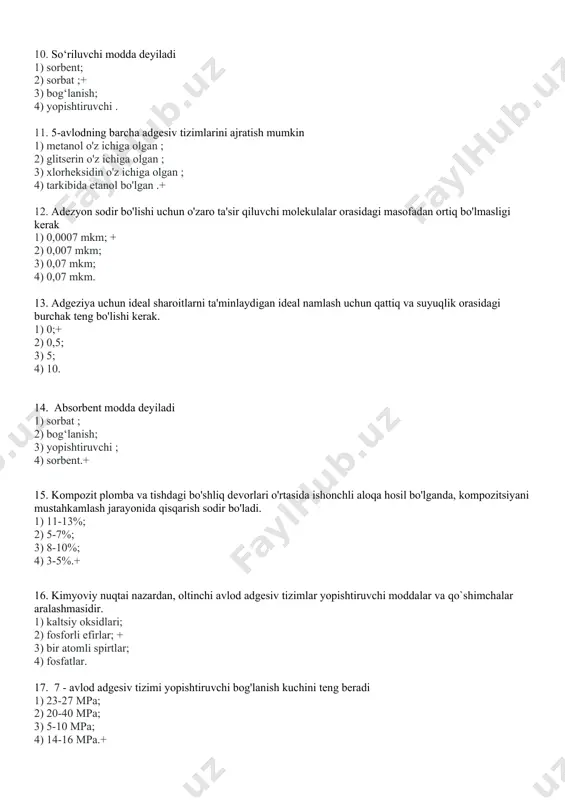 'lganda, kompozitsiyani mustahkamlash jarayonida qisqarish sodir bo'ladi. 1) 11-13%; 2) 5-7%; 3) 8-10%; 4) 3-5%.+ 16. kimyoviy nuqtai nazardan, oltinchi avlod adgesiv tizimlar yopishtiruvchi moddalar va qo`shimchalar aralashmasidir. 1) kaltsiy oksidlari; 2) fosforli efirlar; + 3) bir atomli spirtlar; 4) fosfatlar. 17. 7 - avlod adgesiv tizimi yopishtiruvchi bog'lanish kuchini teng beradi 1) 23-27 mpa; 2) 20-40 mpa; 3) 5-10 mpa; 4) 14-16 mpa.+ 18. bir hil jismning (qattiq yoki suyuq) qismlarining molekulyar darajadagi yopishishi deyiladi. 1) singdirish; 2) yopishish; 3) adsorbsiya; 4) kogeziya .+ qattiq modda adgesiv bilan birikadigan deyiladi : 1) kompozitsion; 2) etchant; 3) yopishtiruvchi ; 4) substrat.+ 20. 6-sinfda kariyes rivojlanishiga quyidagilar sabab bo'ladi: 1) lamelalar, tayoqchasimon, plastina 2) streptokokk mutans 3) ovqatning tishlararo bo'shliqqa yopishib qolishi 4) ko'r chuqurliklarda mikroorganizmlarning yopishishi 21. “gollivud tabassumi” atamasini kim kiritgan? 1)+ charlz pinkus 2 ) g. v. blek 3) lukomskiy 4) makeeva 22. tishlarni konditsioner qilish muddatini aniqlash …