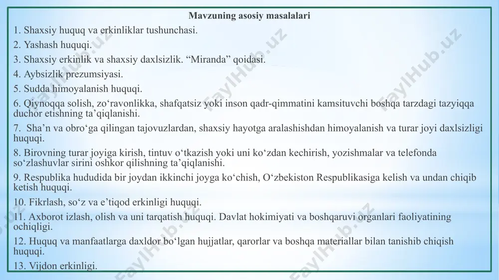 huquqlari umumjahon deklaratsiyasi 1-modda 1215 yil − erkinlikning buyuk xartiyasi (angliya) 1679 yil − xabeas korpus akti (angliya) 1776 yil − aqsh mustaqillik deklaratsiyasi 1789 yil − inson va fuqarolar huquqlari deklaratsiyasi (fransiya) 1791 yil − huquqlar to‘g‘risidagi bill (aqsh) inson huquqlari g‘oyalari tarixiy hujjatlarda inson huquqlari bo‘yicha xalqaro bill inson huquqlari umumjahon deklaratsiyasi (1948) 2) fuqarolik va siyosiy huquqlar to‘g‘risidagi xalqaro pakt (1966) 3) fuqarolik va siyosiy huquqlar to‘g‘risidagi xalqaro paktga 1-fakultativ protokol (1966) 4) fuqarolik va siyosiy huquqlar to‘g‘risidagi xalqaro paktga 2-fakultativ protokol (o‘lim jazosini bekor qilish to‘g‘risida) (1989) 5) iqtisodiy, ijtimoiy va madaniy huquqlar to‘g‘risidagi xalqaro pakt (1966) o‘zbekison respublikasi 1991-yil 30-sentabr − inson huquqlari umumjahon deklaratsiyasiga qo‘shildi. undagi normalar o‘zbekiston respublikasi konstitutsiyasida to‘liq aks ettirildi. 1995-yil 31-avgust − fuqarolik va siyosiy huquqlar to‘g‘risidagi xalqaro pakt, fuqarolik va siyosiy huquqlar to‘g‘risidagi xalqaro paktga 1-fakultativ protokol, iqtisodiy, ijtimoiy va madaniy huquqlar to‘g‘risidagi xalqaro paktga qo‘shildi. 2008-yil 10-dekabr − …