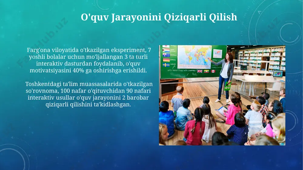 lanilmoqda. o'zbekistonning 3 ta viloyatida o'tkazilgan tadqiqotlar shuni ko'rsatdiki, interaktiv usullar yordamida muloqot ko'nikmalarini rivojlantirish o'quvchilarning 70% da nutq faoliyatini 20% ga oshirdi. zamonaviy texnologiyalardan foydalanish o‘zbekistonning qishloq hududlaridagi 100 dan ortiq maktabda onlayn ta’lim platformalarini joriy etish natijasida 30% ga yaqin o‘quvchilarning darsga bo‘lgan qiziqishi ortdi va o‘zlashtirish darajasi yaxshilandi. samarqand viloyatining maktablarida interaktiv o‘yinlardan foydalanish orqali 7-sinf o‘quvchilarining ingliz tili so‘z boyligini 15% ga oshirishga erishildi, bu an’anaviy usullarga nisbatan sezilarli yaxshilanishdir. ta'lim samaradorligini oshirish samarqanddagi 5 ta boshlangʻich maktabda oʻtkazilgan tadqiqotlar shuni koʻrsatdiki, interfaol usullarni qoʻllash oʻquvchilarning matematikada oʻzlashtirish koʻrsatkichini 15% ga oshirgan. 2022-yilda buxoroda 10 ta sinfda sinovdan oʻtkazilgan loyiha, interaktiv taxtalar va dasturlar yordamida oʻquvchilarning faol ishtiroki va bilimlarini mustahkamlashda 2 barobar o'sish kuzatilganini ko'rsatdi. interaktiv usullarni qo'llashning ahamiyati interaktiv usullar, masalan, o'yinlar va amaliy mashg'ulotlar orqali, 5-sinf o'quvchilarining 70% gacha matematikada yaxshiroq natijalarga erishishiga yordam beradi, bu esa toshkentdagi ta'lim muassasalarining tajribalaridan kelib chiqadi. …