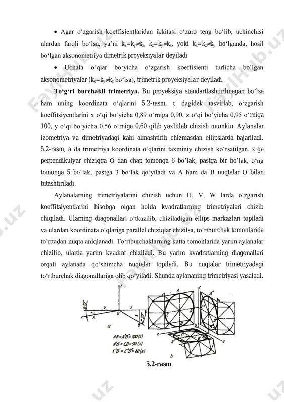 lak, pastga bir bo’lak, o‘ng tomonga 5 bo‘lak, pastga 3 bo‘lak qo‘yiladi va a ham da в nuqtalar о bilan tutashtiriladi. aylanalarning trimetriyalarini chizish uchun h, v, w larda o‘zgarish koeffitsiyentlarini hisobga olgan holda kvadratlarning trimetriyalari chizib chiqiladi. ularning diagonallari o‘tkazilib, chiziladigan ellips markazlari topiladi va ulardan koordinata o‘qlariga parallel chiziqlar chizilsa, to‘rtburchak tomonlarida to‘rttadan nuqta aniqlanadi. to‘rtburchaklarning katta tomonlarida yarim aylanalar chizilib, ularda yarim kvadrat chiziladi. bu yarim kvadratlarning diagonallari orqali aylanada qo‘shimcha nuqtalar topiladi. bu nuqtalar trimetriyadagi to‘rtburchak diagonallariga olib qo‘yiladi. shunda aylananing trimetriyasi yasaladi. 5.2-rasm detalning trimetriyasini (5.3-rasm, b) uning berilgan proyeksiyalari (5.3- rasm, a) bo‘yicha chizish uchun o‘zgarish koeffitsiyentlarini x=09, z =1, у = 0,6 qilib olib, 5.3-rasm, с dagi kabi nisbat masshtabi yasab olinadi. buning uchun z o‘qi chizilib, о nuqtadan chap tomonga x=90, o‘ng tomonga у = 60 ni 100 ga nisbatan o’lchab qo‘yiladi ham da a va в lardan radiusi 100 ga teng …