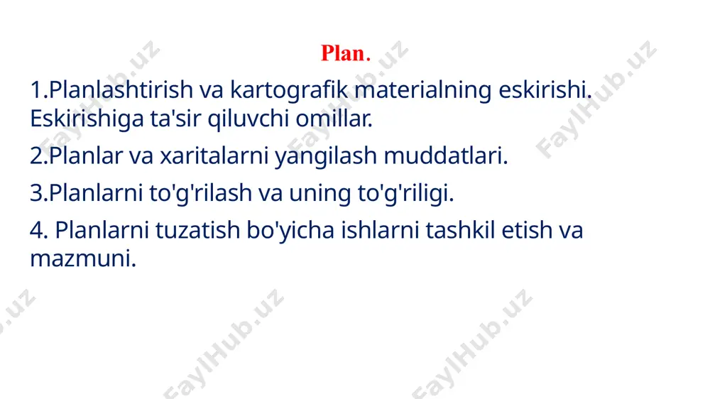 gan kontur uzunliklari yig'indisining suratga olish vaqtidagi barcha l kontur uzunliklari yig'indisiga nisbati hisoblanadi: shu bilan birga,  ni o'zgartirilgan p konturlari maydonlari va p= plansida tasvirlangan barcha narsalar nisbatidan aniqlash osonroq. yillik eskirish oralig'i dan , qarilikning eng yuqori foizi katta hududlarda sodir bo'ladi. har bir keyingi yil bilan eskirish foizining o'sishi asta-sekin pasayadi. planlar va xaritalar yangilangan vaqtga kelib, ya'ni. 8-15 yildan keyin u 30-80% ga etadi.22 9 yuqoridagi formulalar yordamida hisoblangan planlarning (xaritalarning) eskirish ko'rsatkichlarini, shuningdek, planlar va xaritalarni tuzatish va yangilash bo'yicha ishlarning xarajatlarini tahlil qilish bizga quyidagilarni aniqlashga imkon berdi: agar planlar yangi geodeziyalar bilan faqat yer osti usullari bilan yangilanadigan bo'lsa, unda vaziyat o'zgarganda i va ii murakkablik toifalari uchun 50% gacha va iii murakkablik toifalari uchun 40% gacha o'zgartirishlar kiritish tavsiya etiladi; agar planlar aerofotosuratga olish usuli yordamida yangilansa, vaziyat 30% gacha, ii toifadagi - 20% gacha va iii toifadagi - 10% gacha …