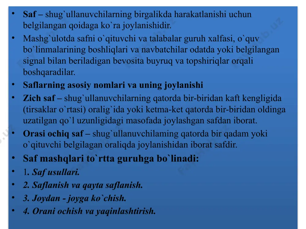 a hokazo)- sanang!» va boshqalar. hisob o`ng qanotdan boshlanadi. o`z raqamini aytayotgan shug`ullanuvchi ayni vaqtda boshini tez chap tomondagi shug`ullanuvchiga qarab buradi va keyin dastlabki holatga qaytadi. safni oxirida turuvchi bir qadam oldinga odimlab, «sanash tugadi» deb o `z joyiga turadi. 9. turgan joyda burilishlar (buyruqlar « o`ngga», «chapga», «ortga», «yarim o`ng-ga») ayrim hollarda buyraqlar topshiriqlar bilan almashtirilishi mumkin, biroq qayd etilgan mashqlar turgan joyda burilishlardan tashqari buyraqqa ko`ra ijro etilishi lozim. saflanish va qayta saflanish saflanish —talabalarning o'qituvchi buyrug'idan so'ng biron- bir safda turish uchun bajariladigan harakatdir. saflanishlarda, o'qituvchi barcha talabalar ko'ra oladigan joyda turishi shart. mashg'ulot oldidan guruh qoida bo'yicha bir qator bo'lib, ayrim hollarda esa ikki qatorda saflanadi. saflanish uchun: «bir, ikki, uch qatorga saflan!» buyrug'i beriladi. buyruq berilishi bilan guruh sardori yoki navbatchi safning old tomoniga qarab «rostlan!» holatida turadi, guruh uning chap tomonida saflanadi. guruhning mashg'ulotga tayyorligi to'g'risida raport berishdan oldin sardor (navbatchi) guruh safini …